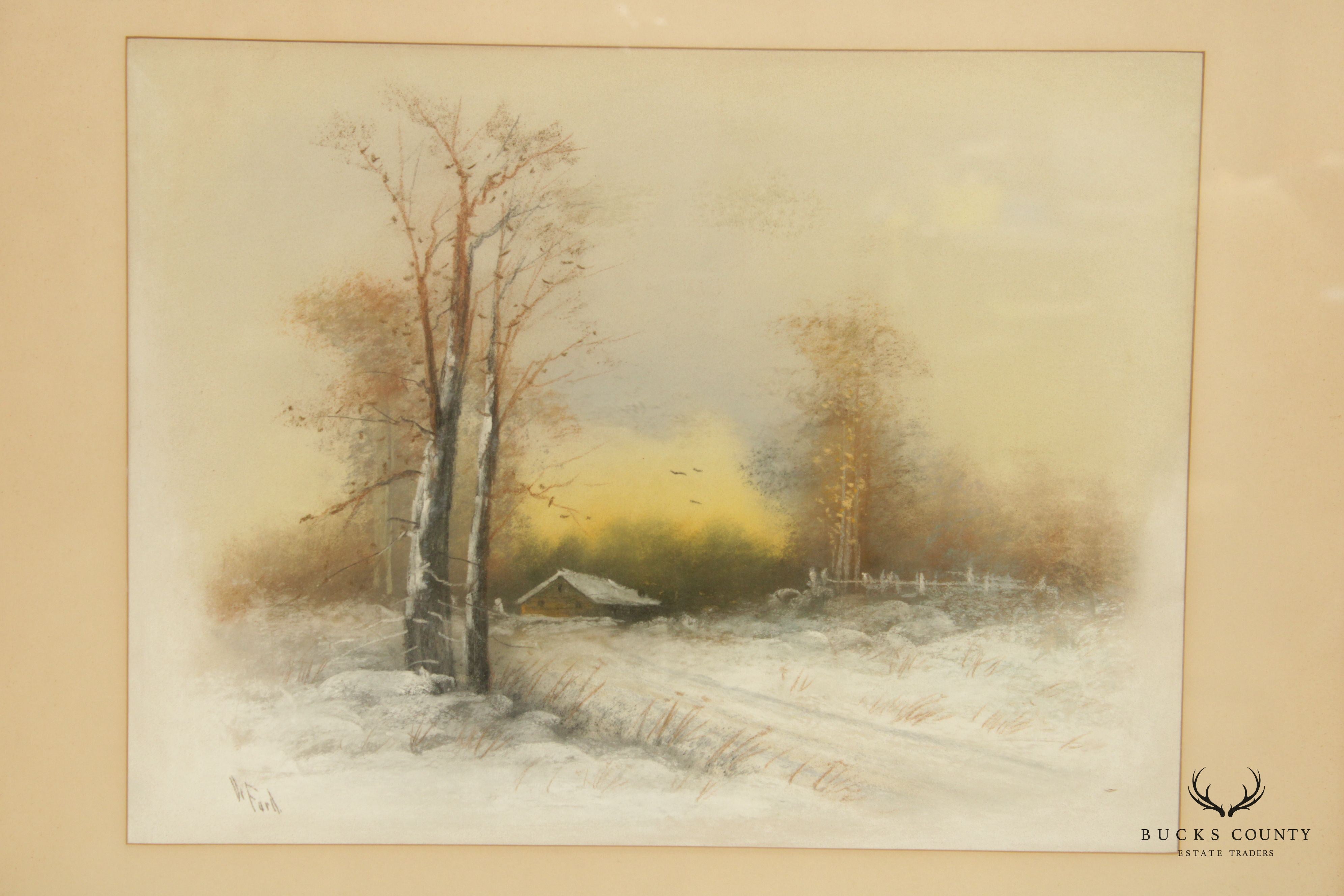 American 20th C. Farmhouse Landscape Pastel Drawing, Signed