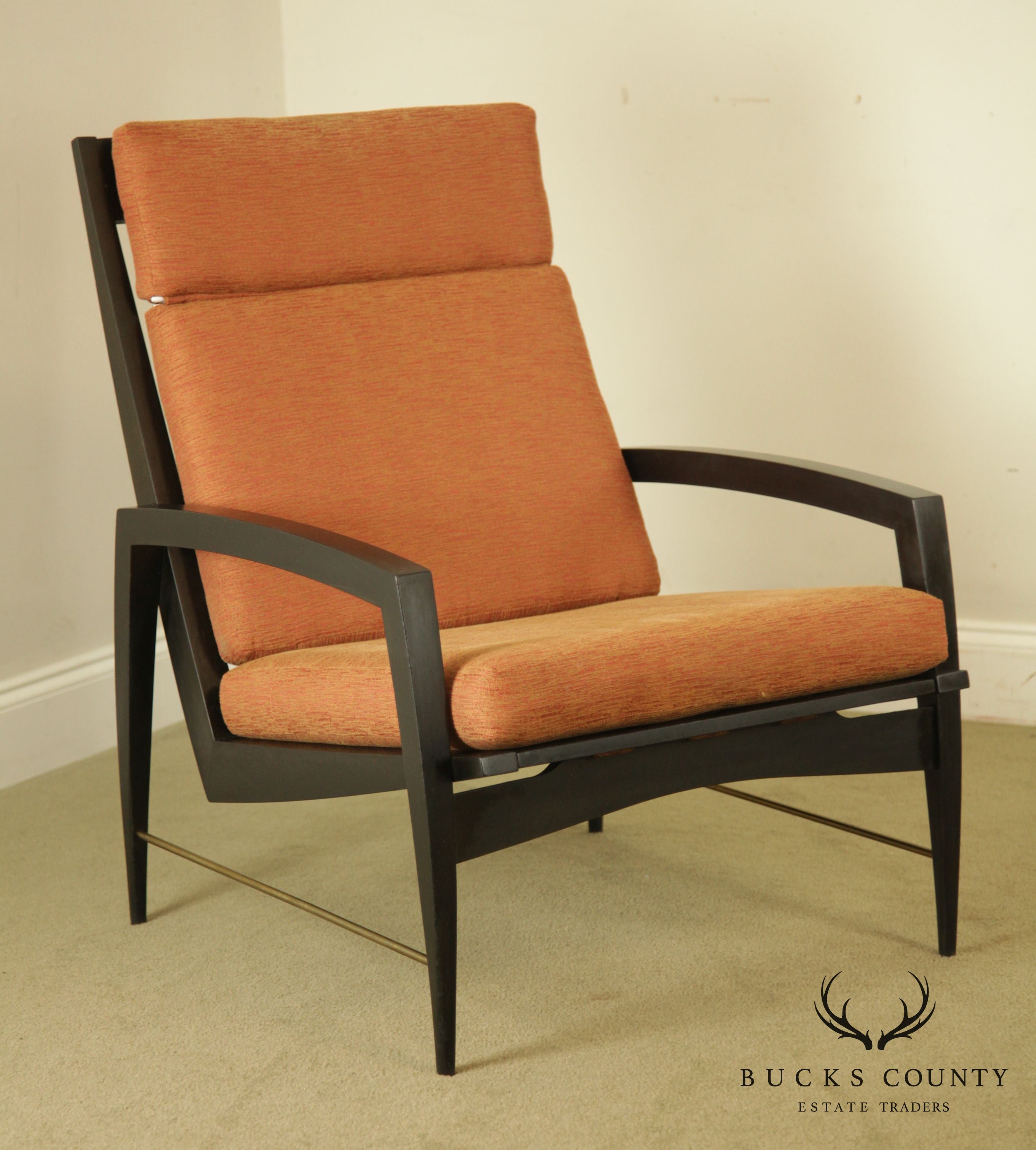 Danish Modern Ebonized Pair Black Lounge Chairs with Brass