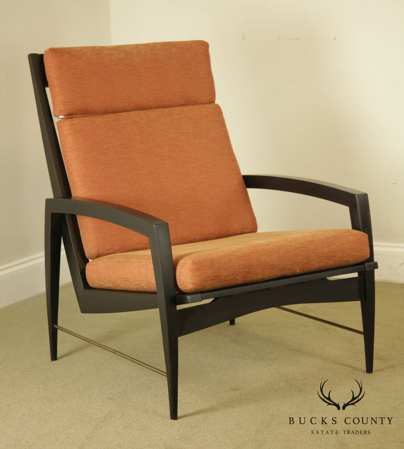 Danish Modern Ebonized Pair Black Lounge Chairs with Brass