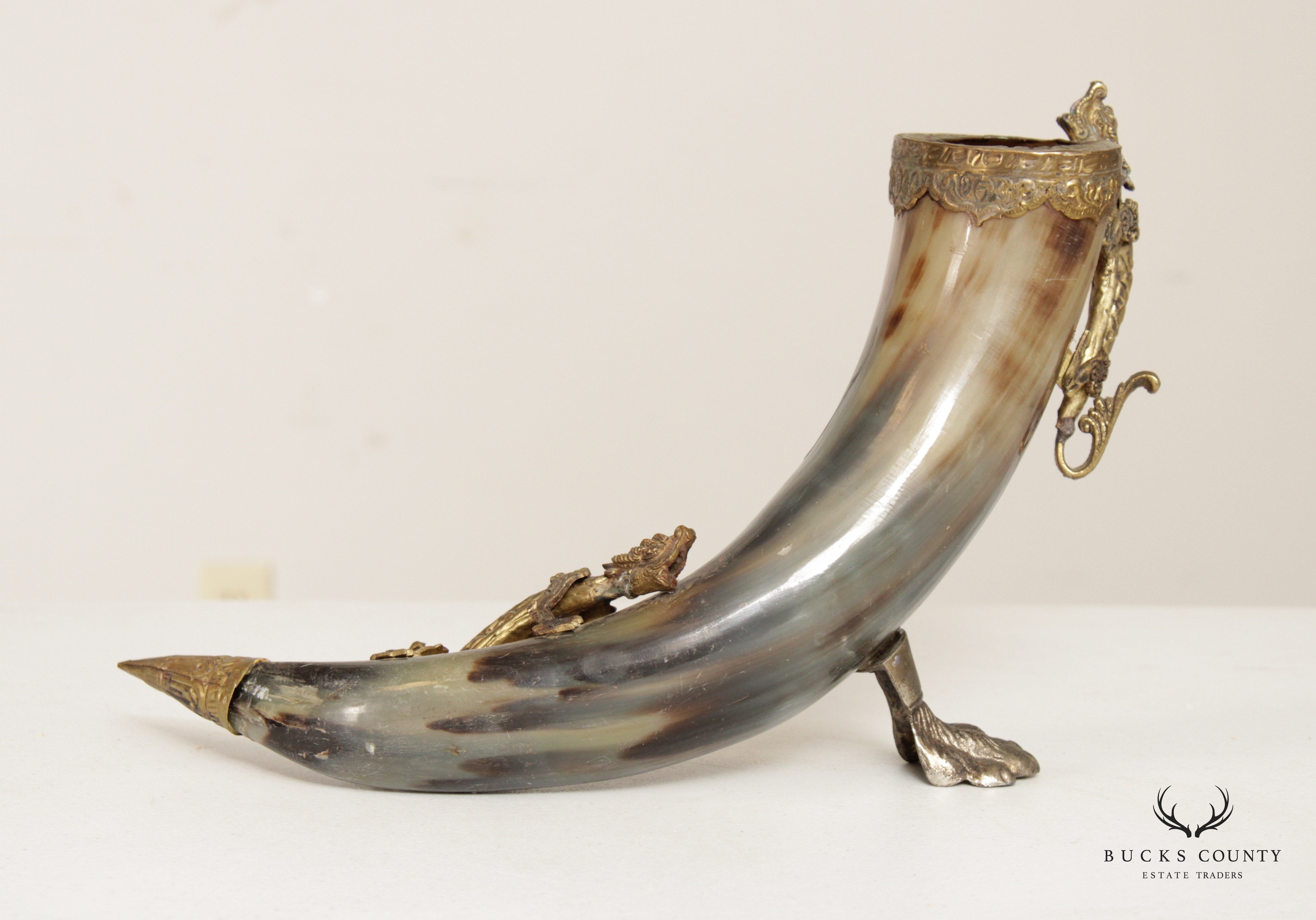 Antique Brass Dragon Mounted Drinking Horn