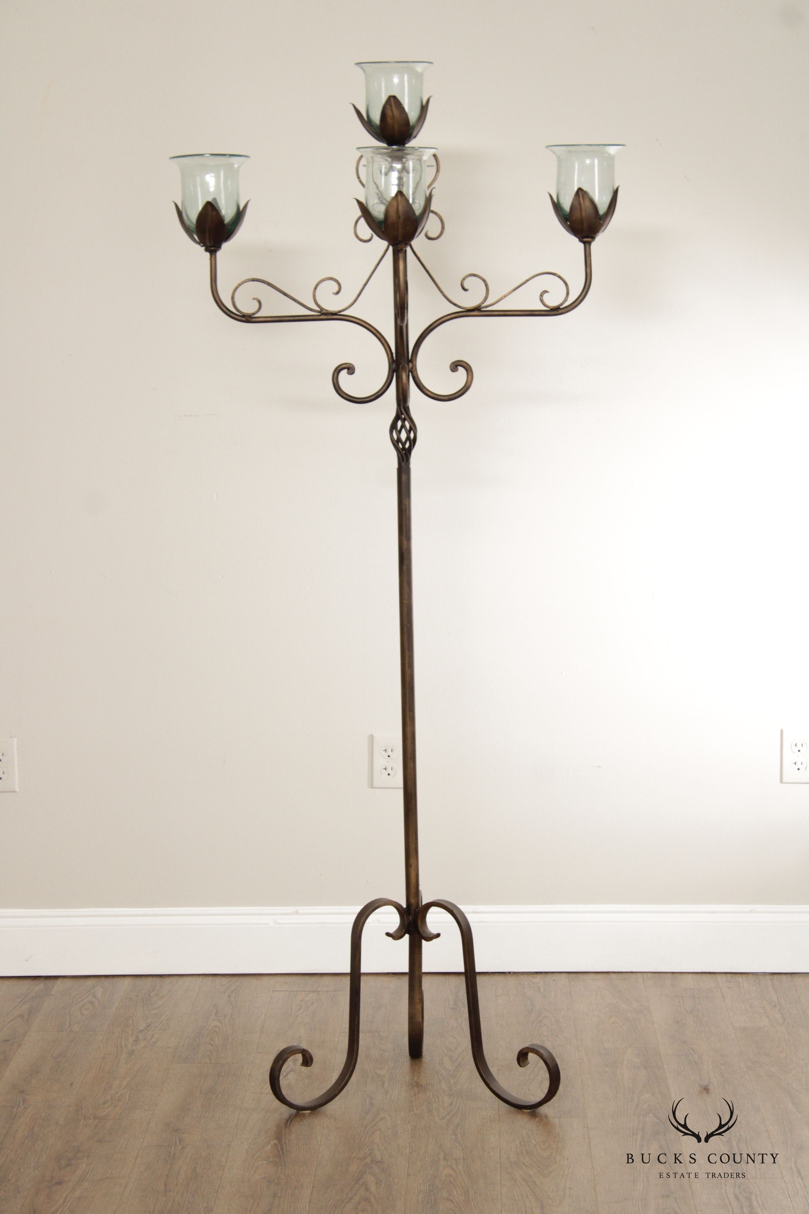 Wrought Iron Floor Candelabra With Glass Shades