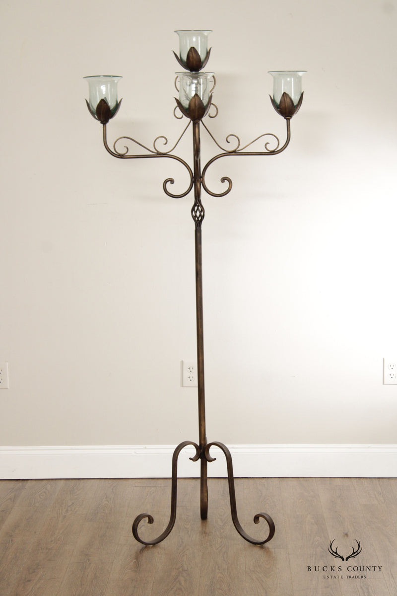 Wrought Iron Floor Candelabra With Glass Shades
