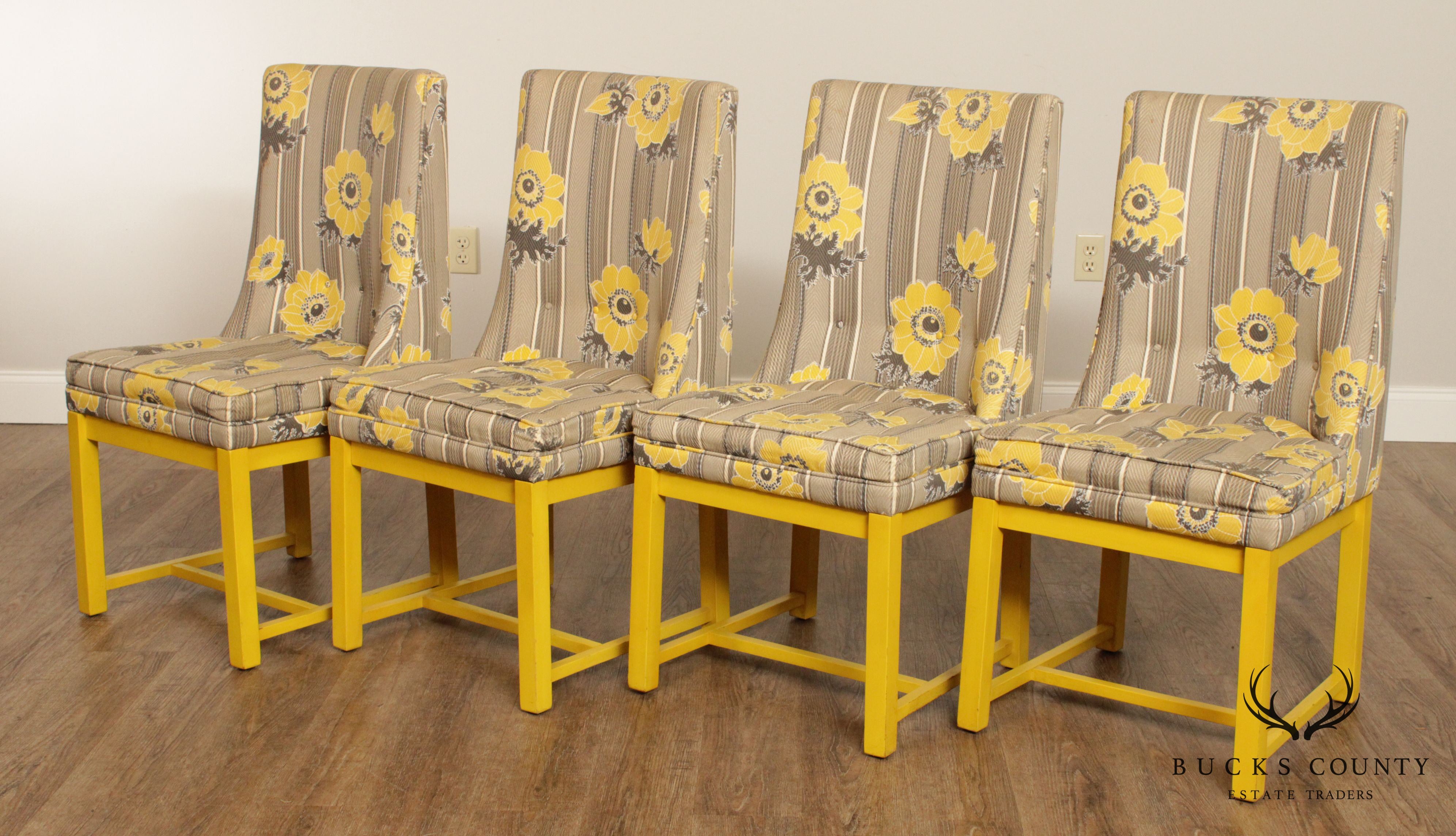 Dorothy Lerner Mid Century Yellow Frame Custom Upholstered Set 4 Dining Chairs