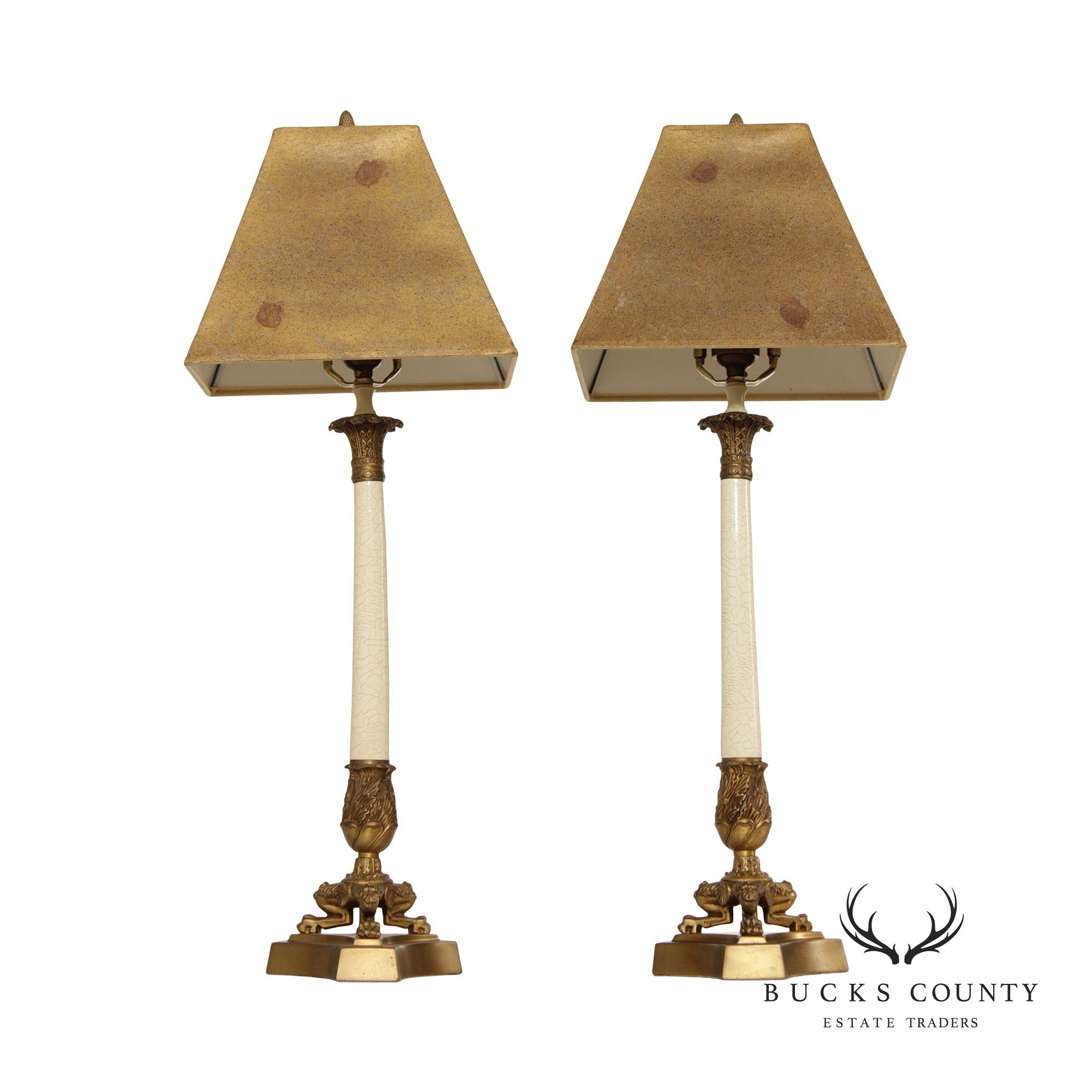 French Neoclassical Style Pair Brass Column Table Lamps