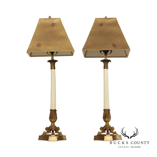 French Neoclassical Style Pair Brass Column Table Lamps