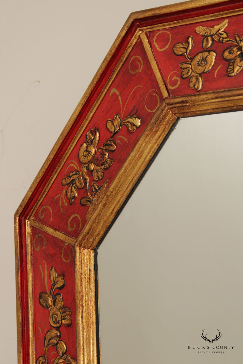 LaBarge Vintage Chinoiserie Decorated Red Octagonal Wall Mirror