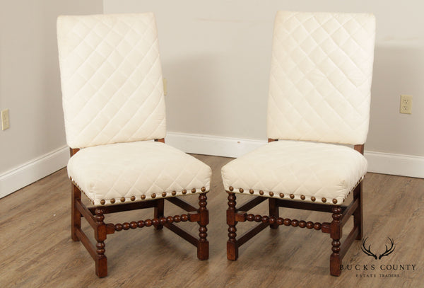 Jacobean Style Pair Spool Turned Upholstered Side Chairs