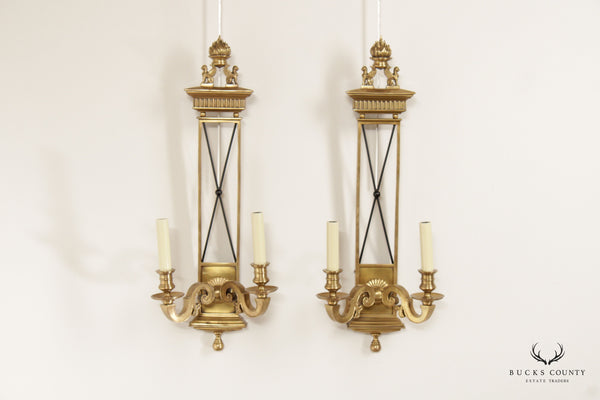 Decorative Crafts Inc. Egyptian Neoclassical Style Pair of Brass Wall Sconce Lights