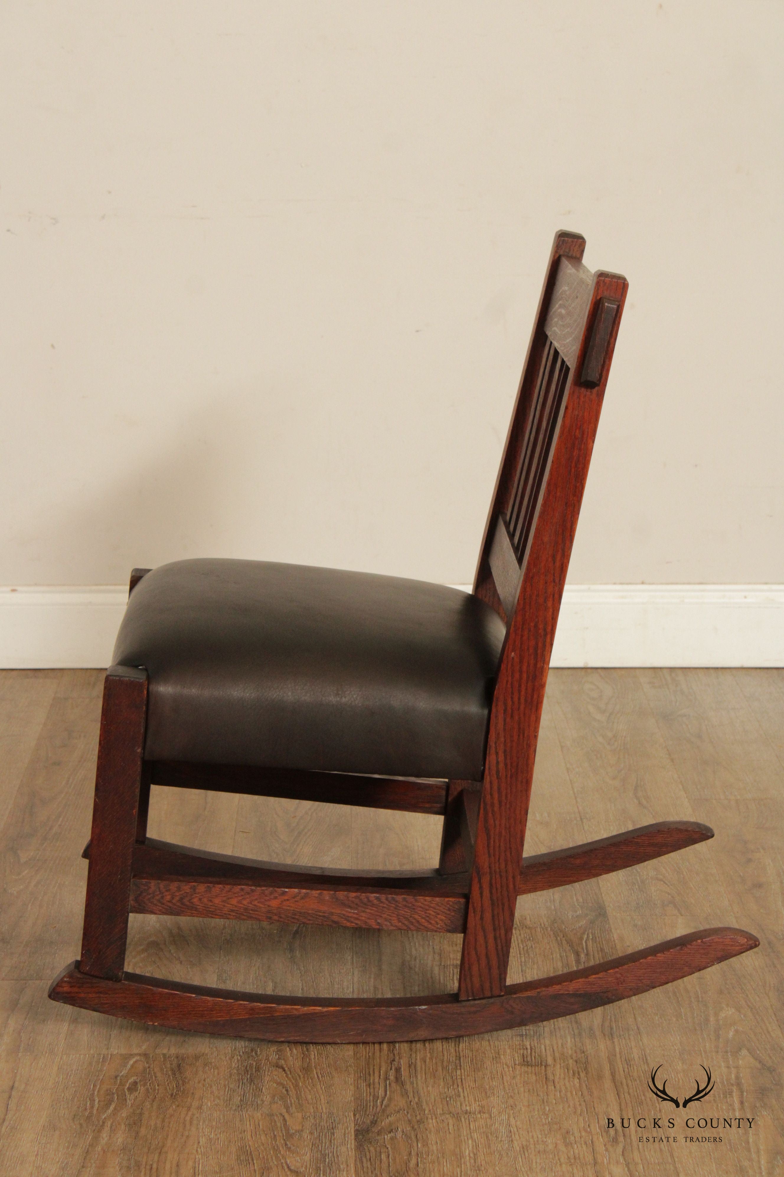 Antique Mission Oak And Leather Armless Rocker