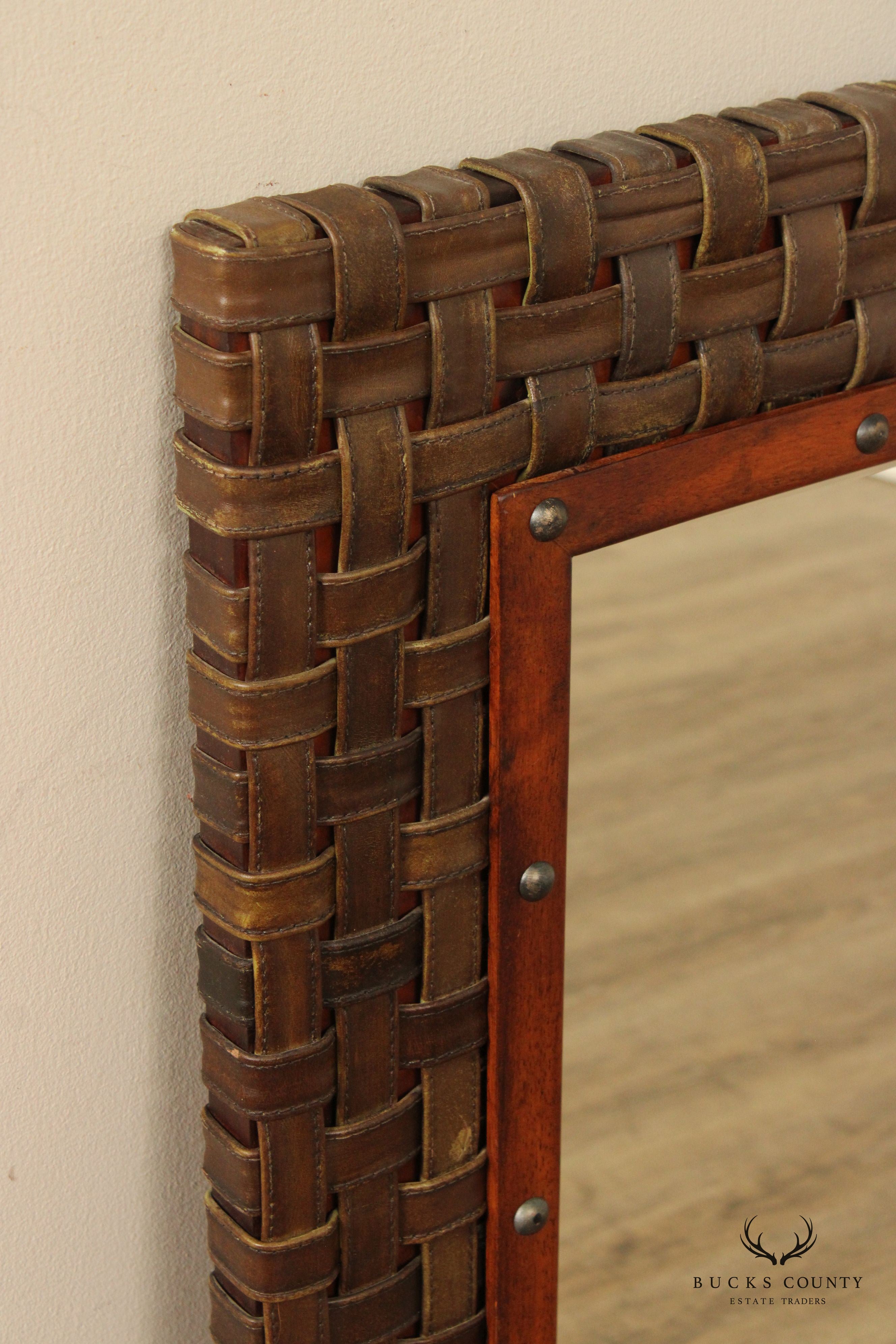 Woven Leather and Wood Frame Mantel Mirror