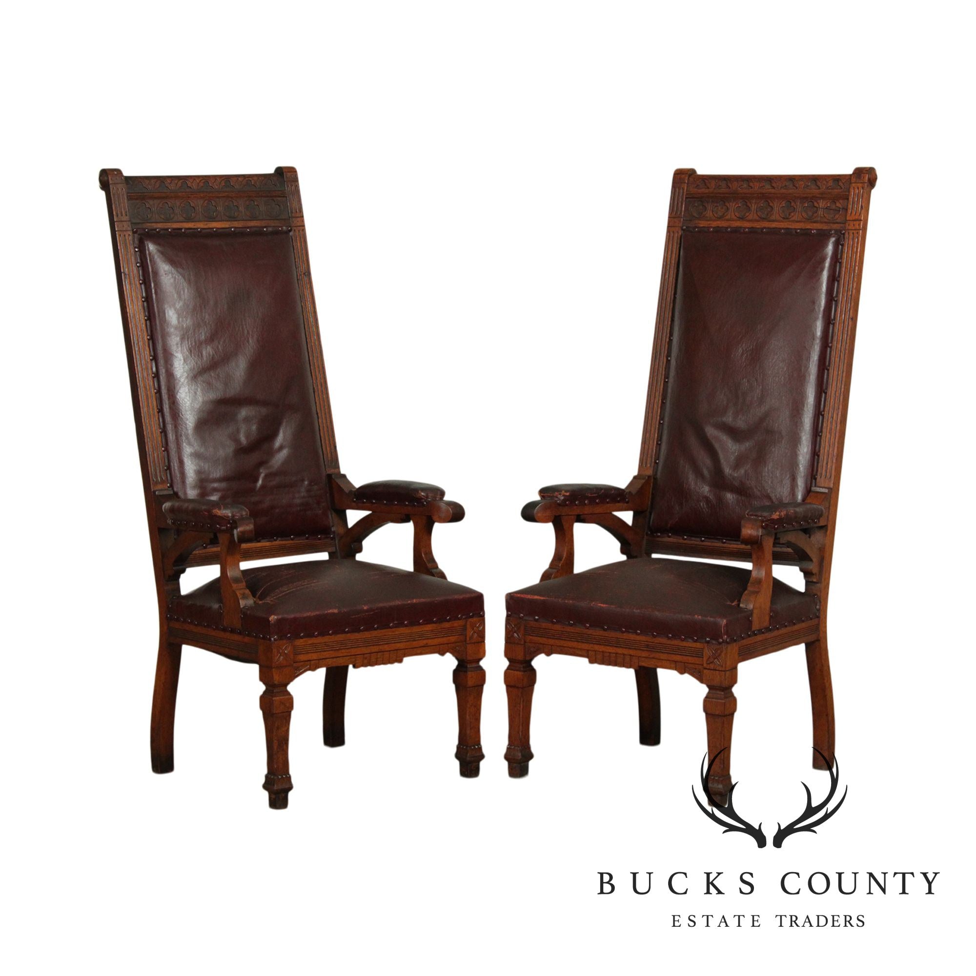 Antique Victorian Oak Pair High Back Masonic Armchairs