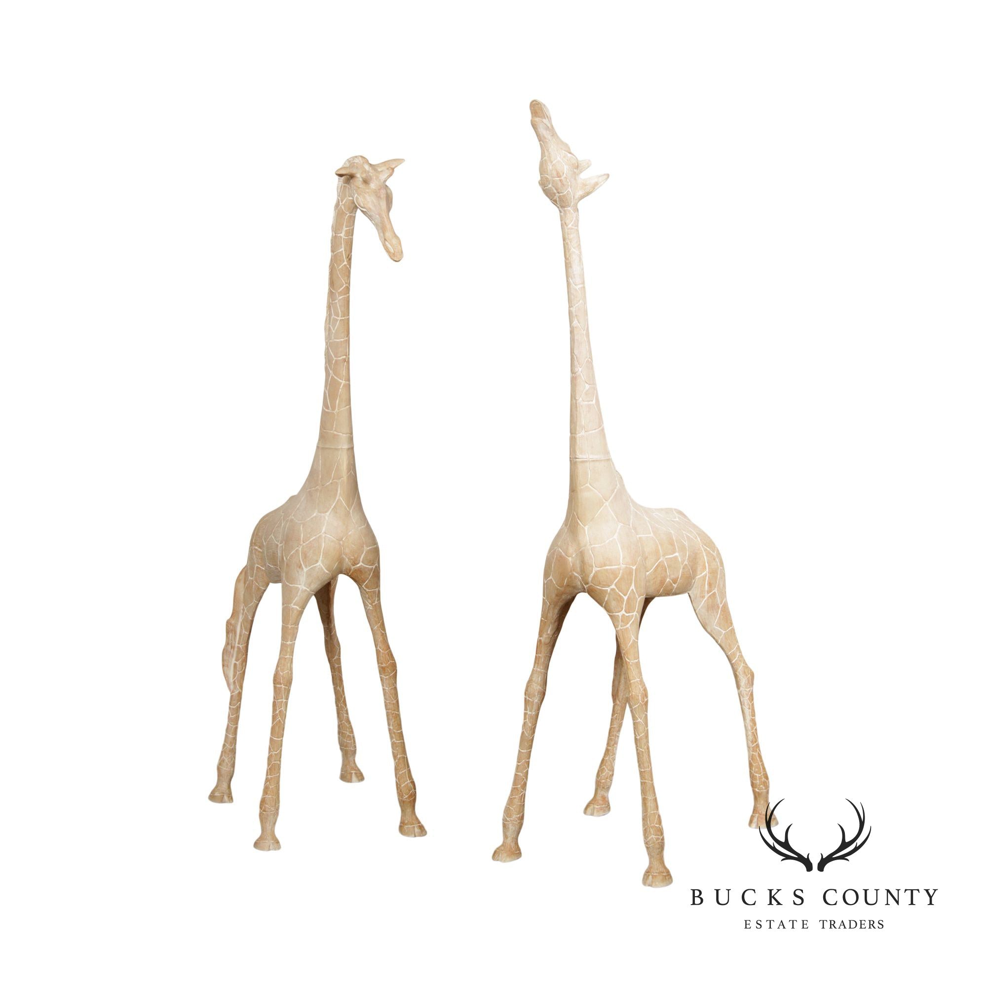 Pair of Tall Vintage Carved Wood Giraffe Sculptures