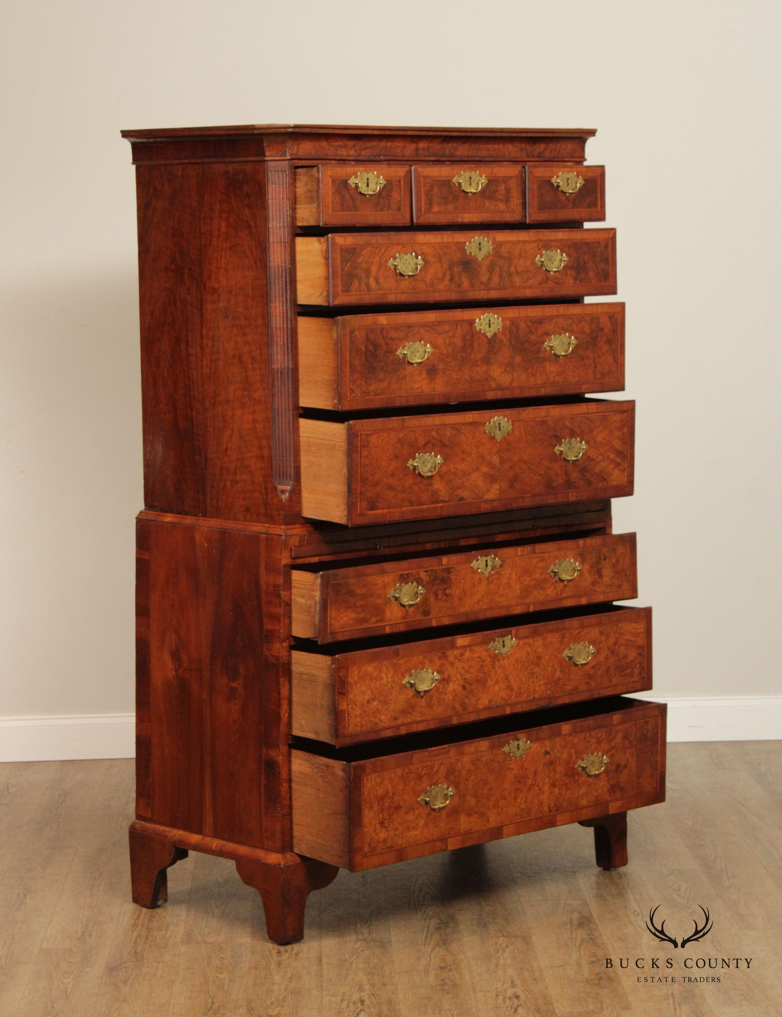 Antique 18th C. English George III Burl Wood Tallboy Chest On Chest