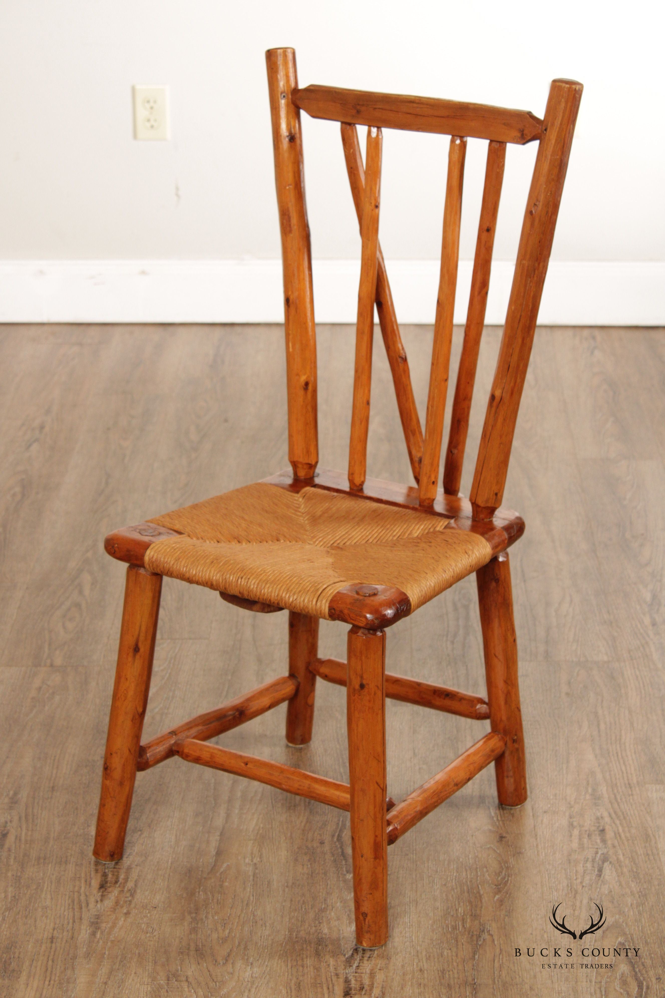 Vintage Rustic Pine Wood and Rush Seat Side Chairs