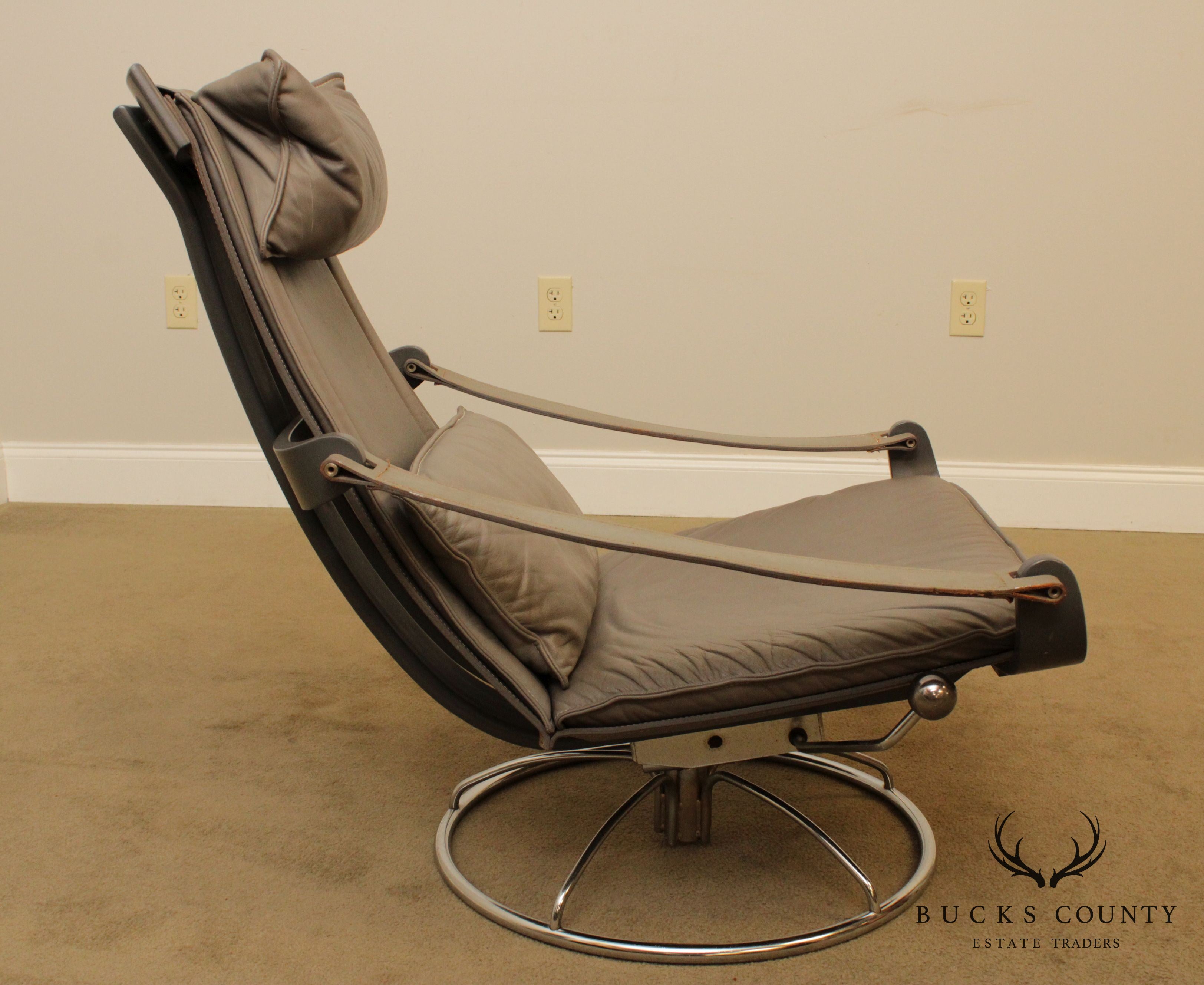 Mid Century Modern Grey Leather Chrome Base Swivel Lounge Chair