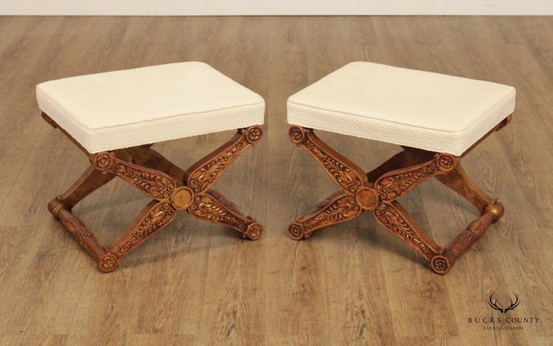 Baker Neoclassical Style Pair Giltwood X-Frame Stools