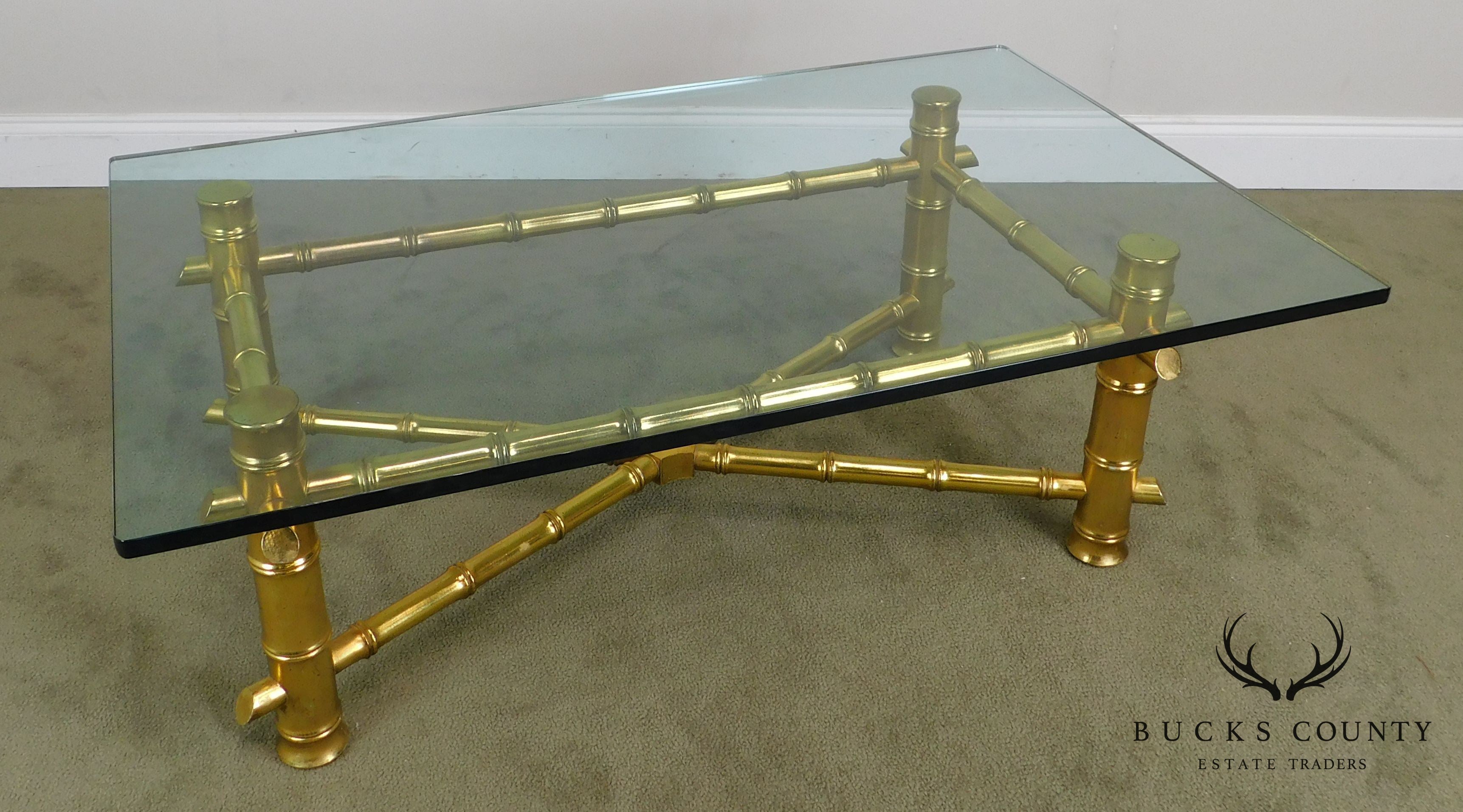 Hollywood Regency Faux Bamboo Gold Gilt Wood Glass Top Coffee Table