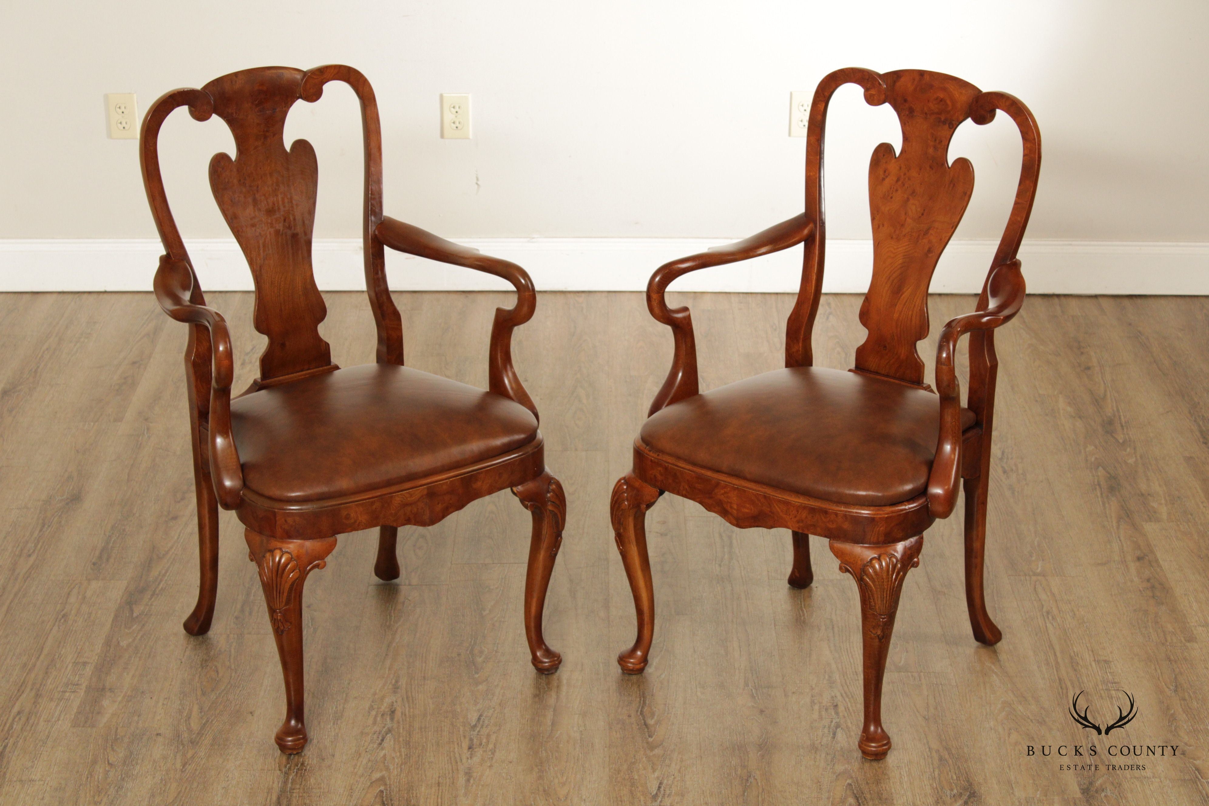 Queen Anne Style Pair Burl Wood and Leather Armchairs