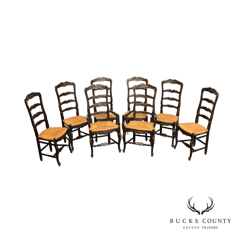 Habersham 'New Country' Set of Eight Ebonized Rush Seat Dining Chairs