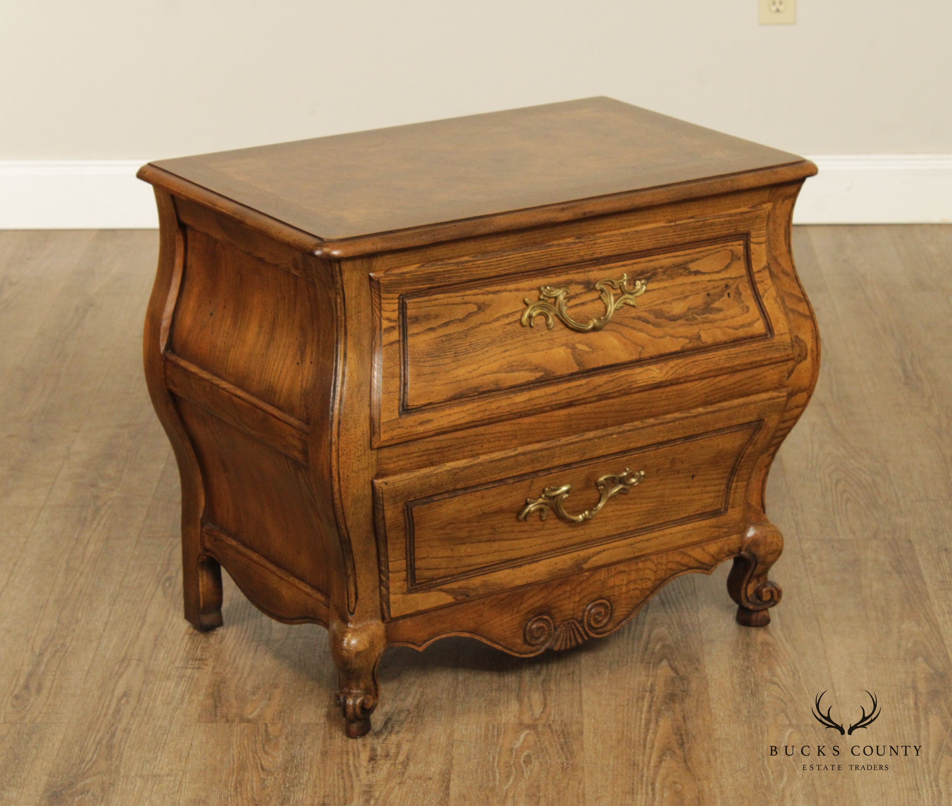 Baker French Louis XV Style Oak and Burlwood Bombe Chest Nightstand