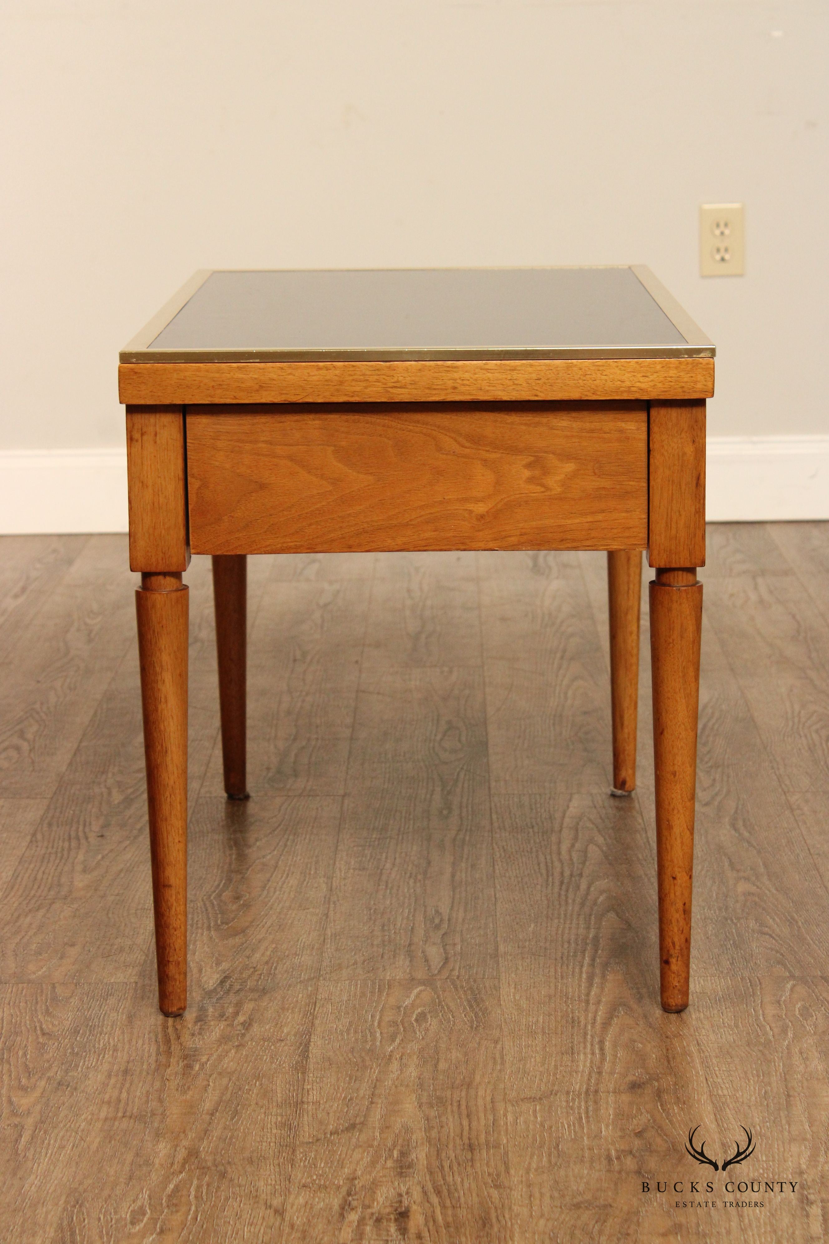 Mid Century Modern Directoire Style Pair of Black Glass Top Fruitwood Side Tables