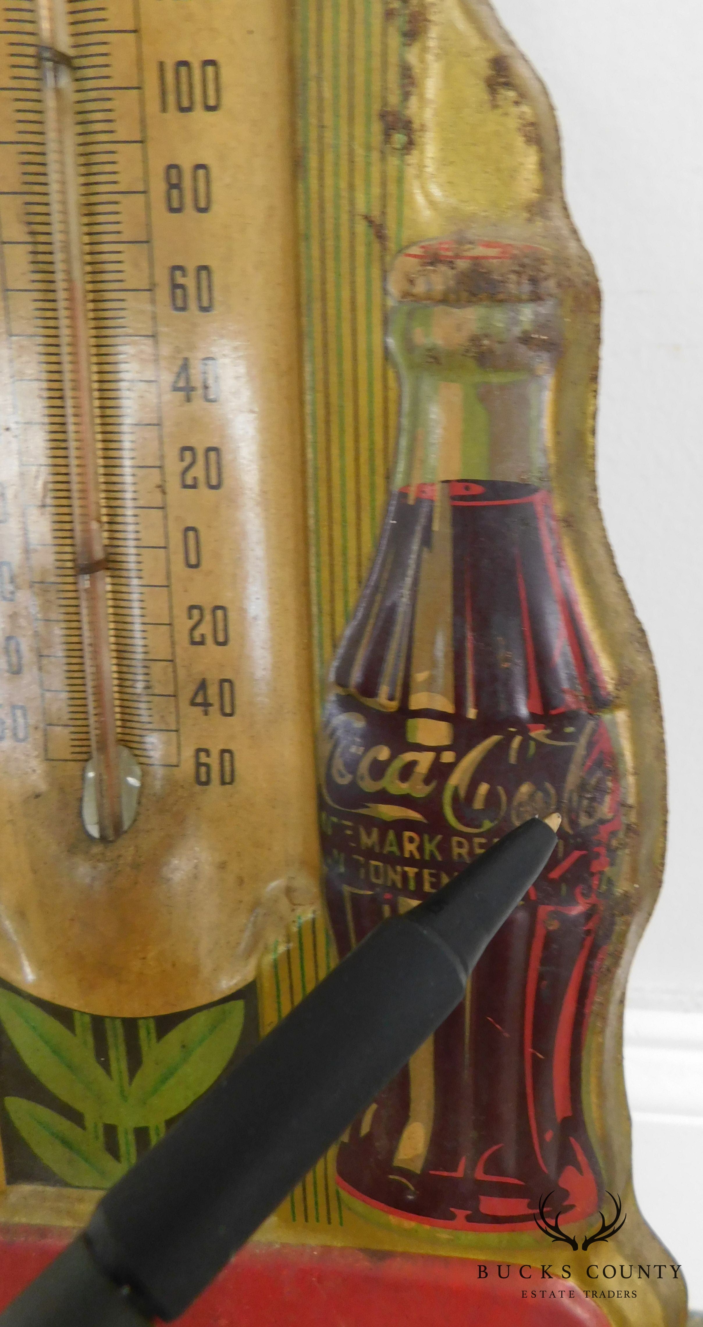 1940's Art Deco Vintage Coca Cola Embossed Tin Advertising Thermometer