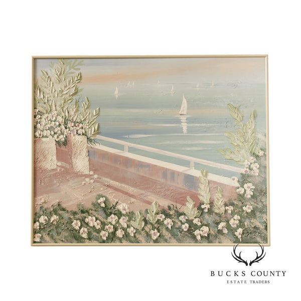 Late 20th C. Impasto Coastal Balcony Landscape Original Painting, Signed