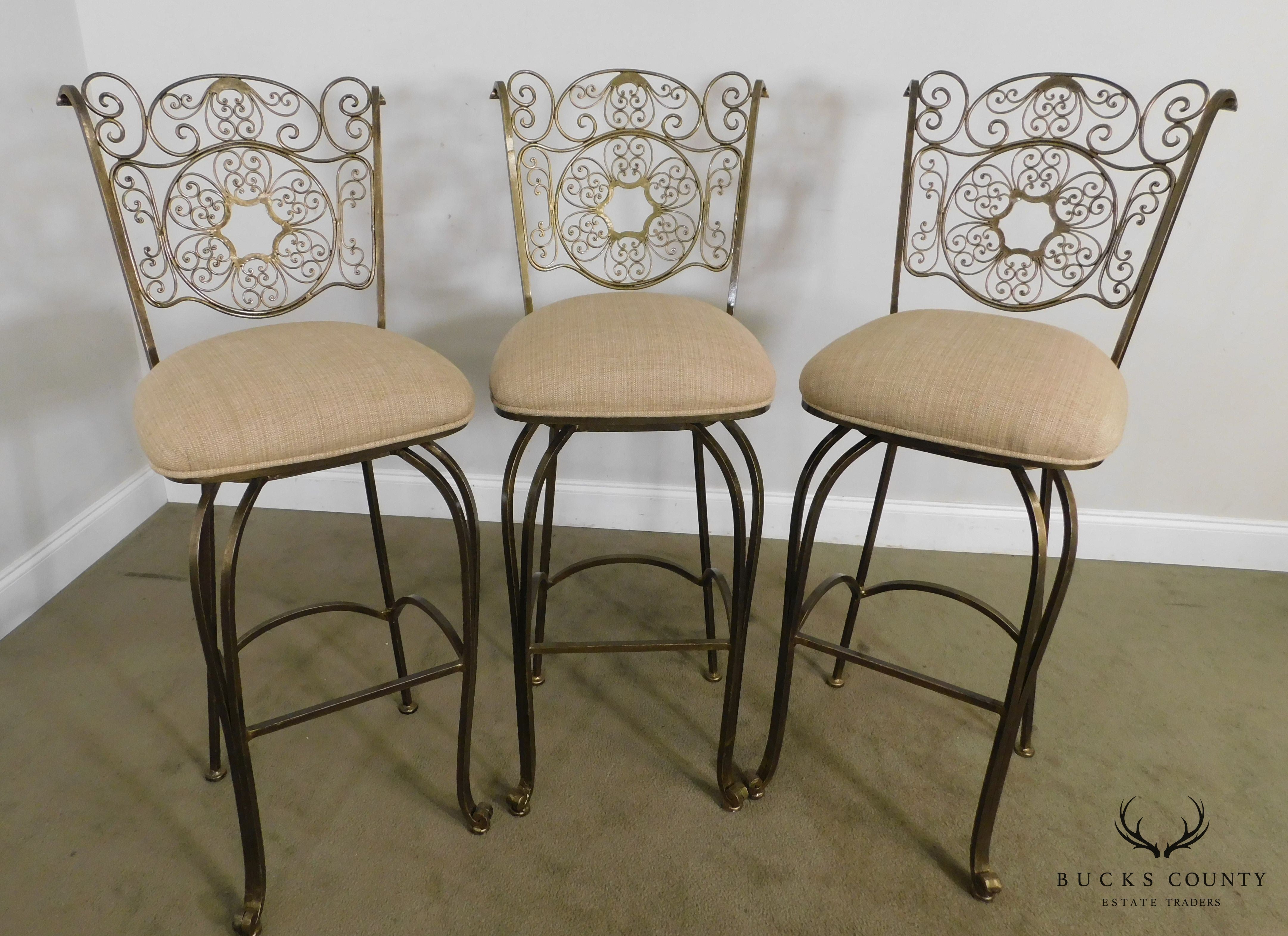 Quality Set 3 Scrolled Wrought Iron Swivel Barstools