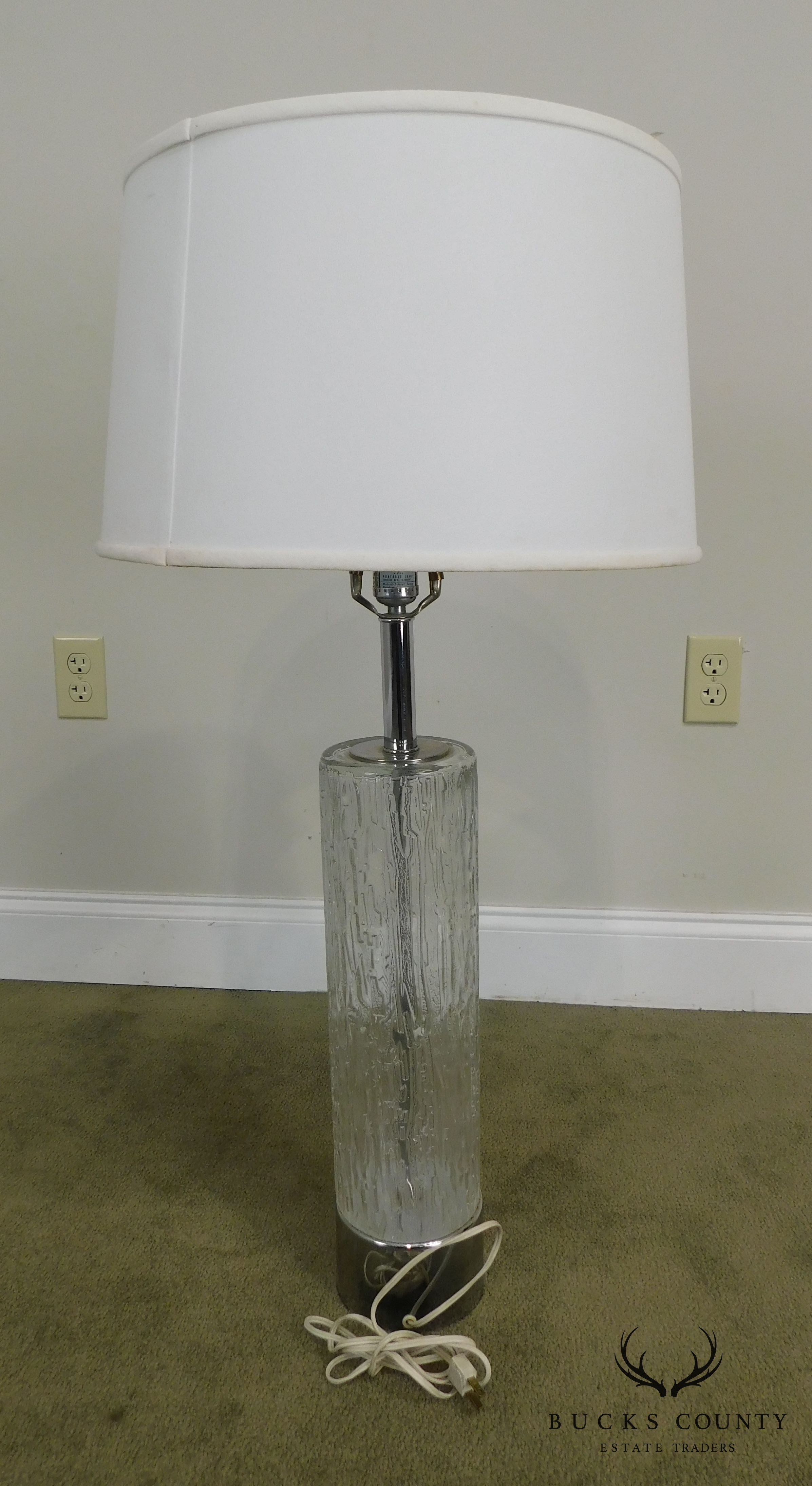 Mid Century Modern Pair of Chrome & Patterned Glass Column Lamps - 1970's