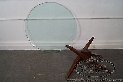 Mid Century Walnut Cubist Splayed Leg Round Glass Top Coffee Table