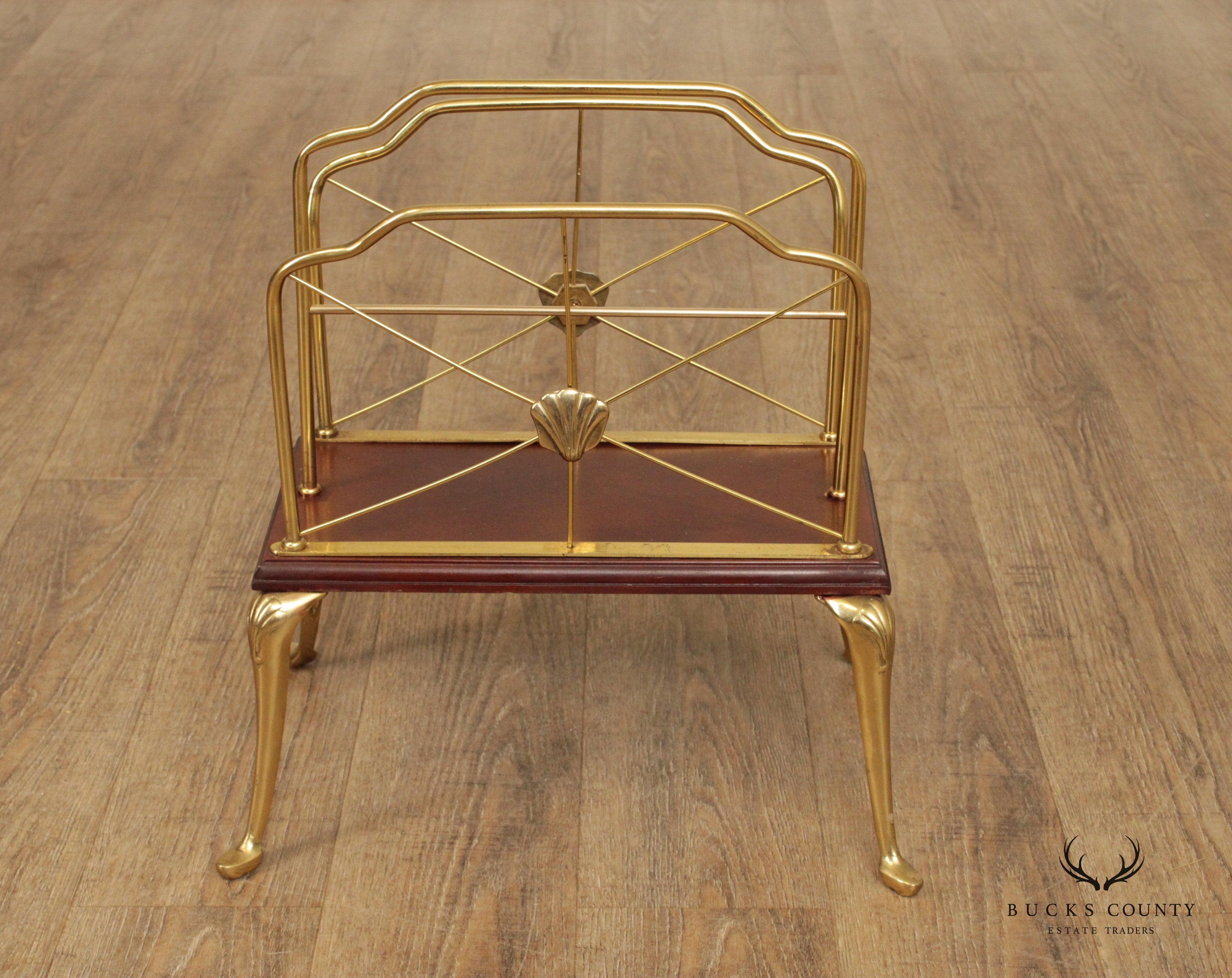 Decorative Crafts Inc. Regency Style Pair of Brass and Cherry Magazine Racks