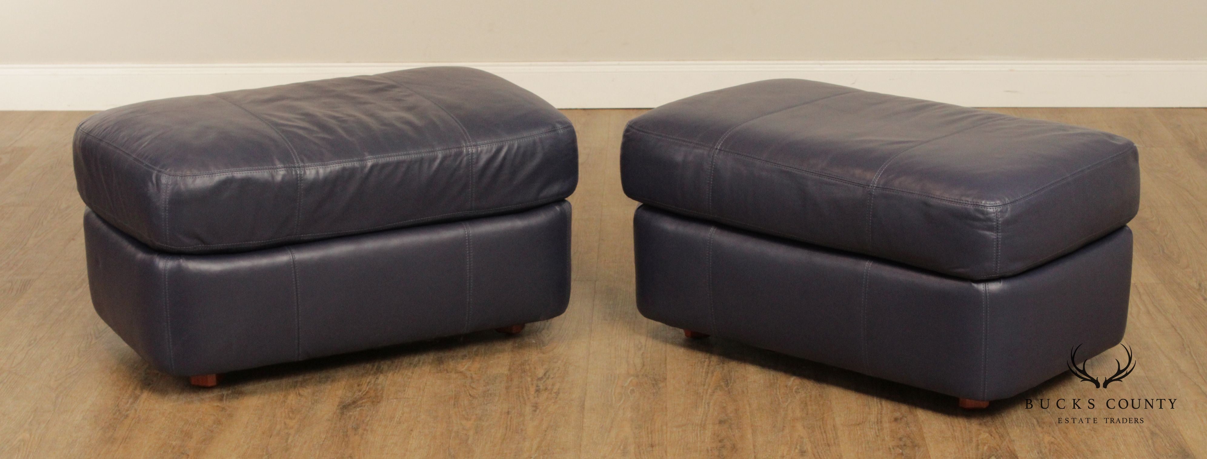 Henredon Vintage Pair of Blue Leather Ottomans