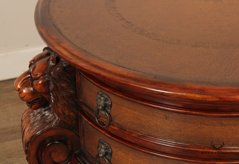 Georgian Style Carved Mahogany Round Leather Top Two-Drawer Side Table