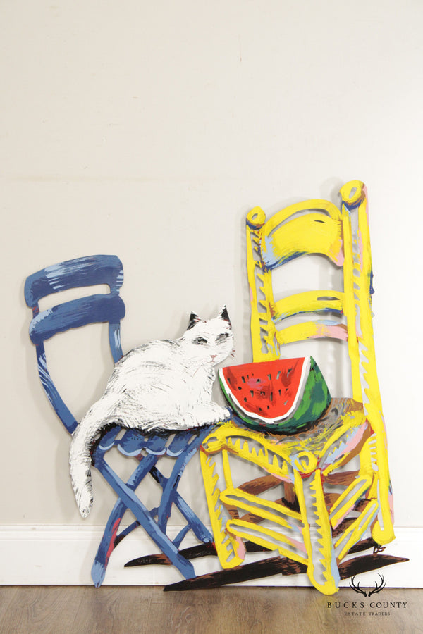 David Gerstein 'Cat and Watermelon' Metal Wall Sculpture