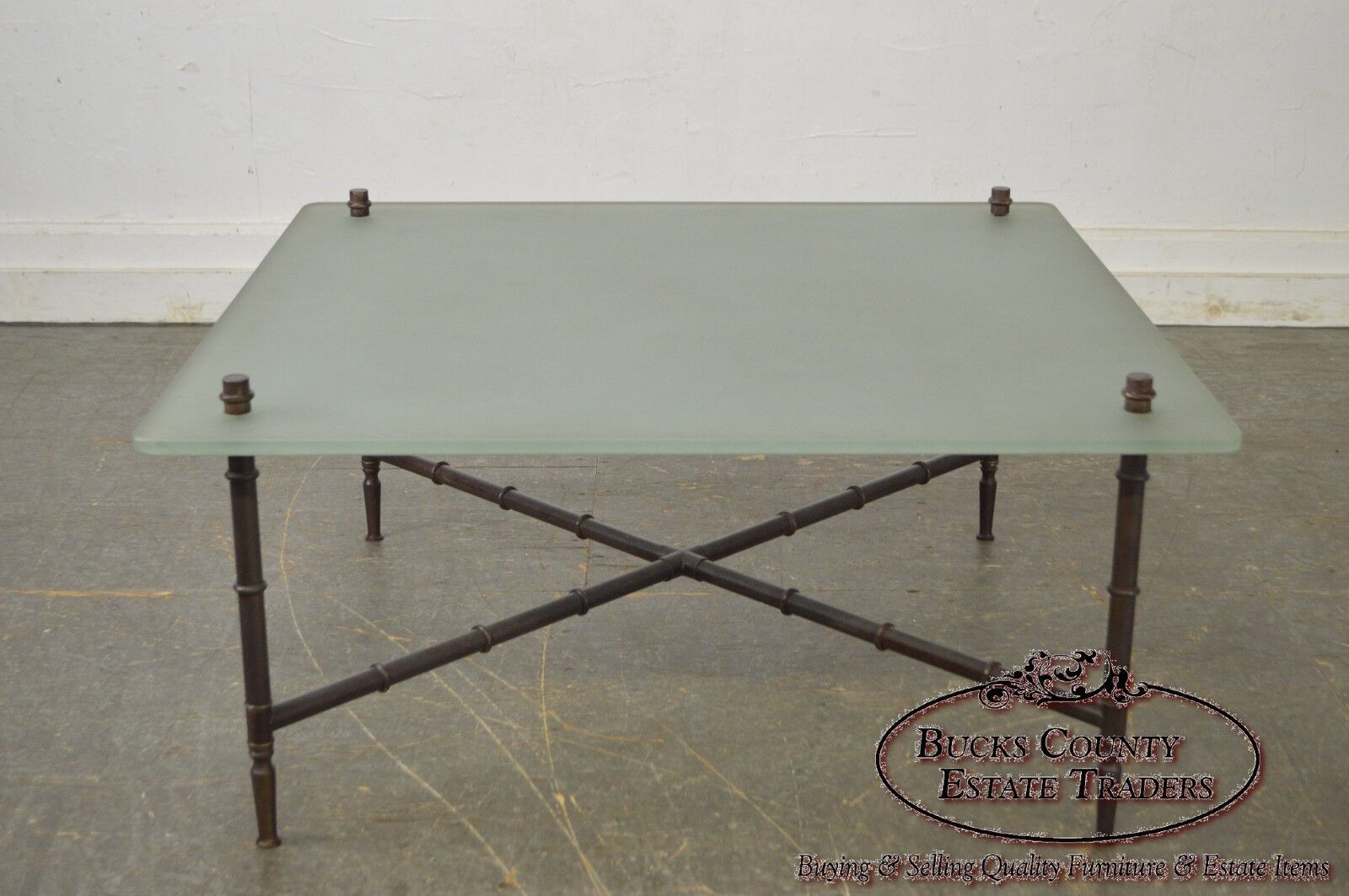 Faux Bamboo Brass Base Frosted Glass Top Coffee Table