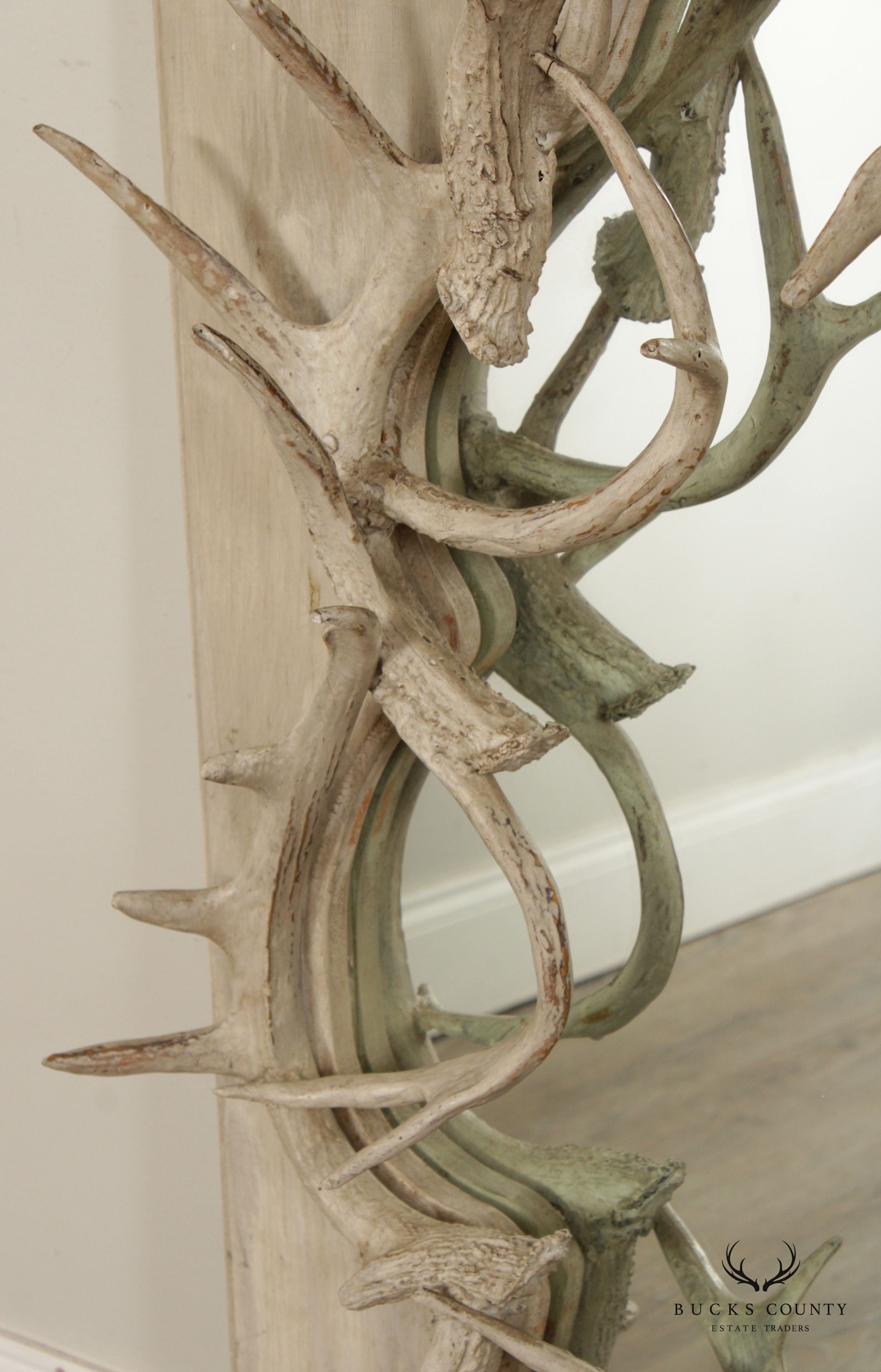 Rustic Painted Pine and Antler Wall Mirror