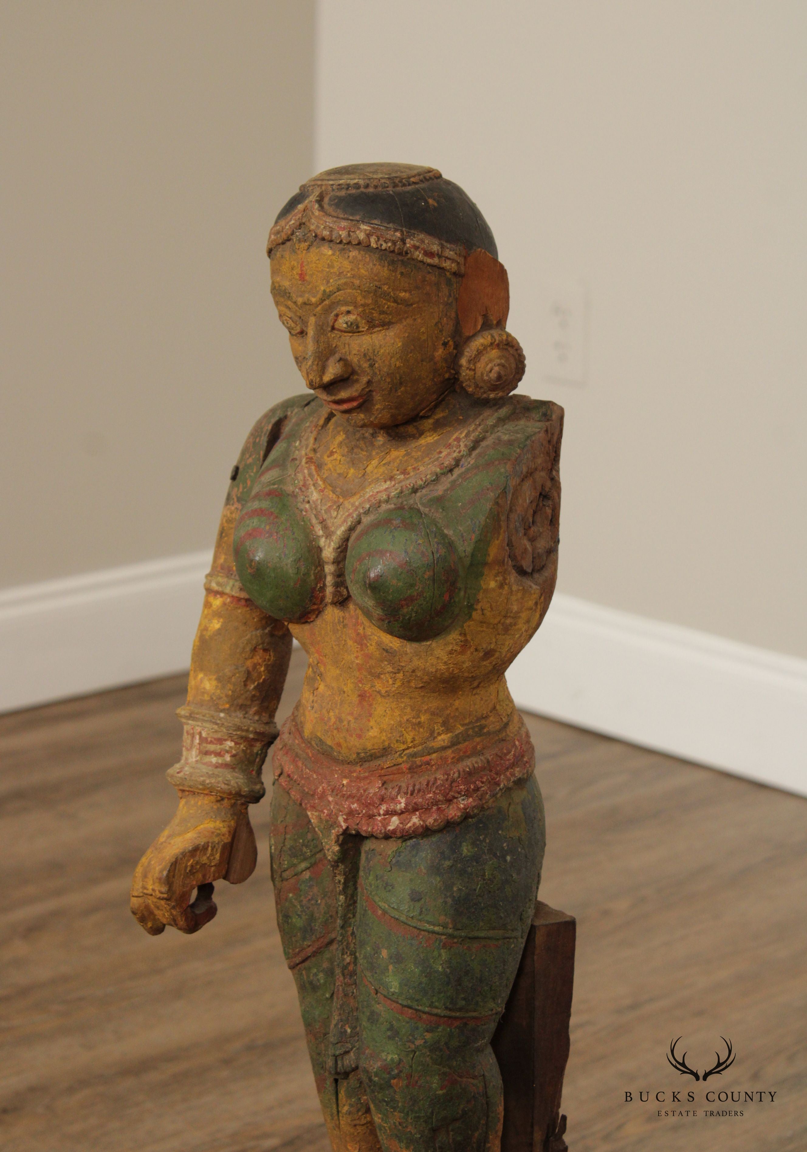 Antique Indian Polychrome Wooden Goddess Sculpture