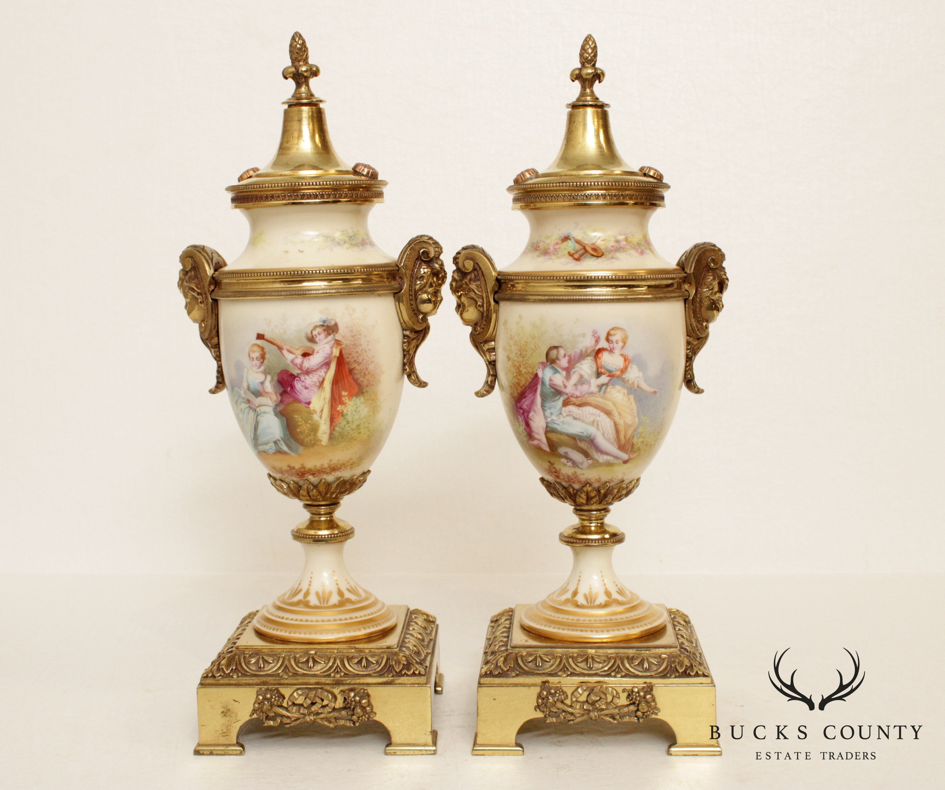 Antique French Sevres Style Porcelain & Brass Urns