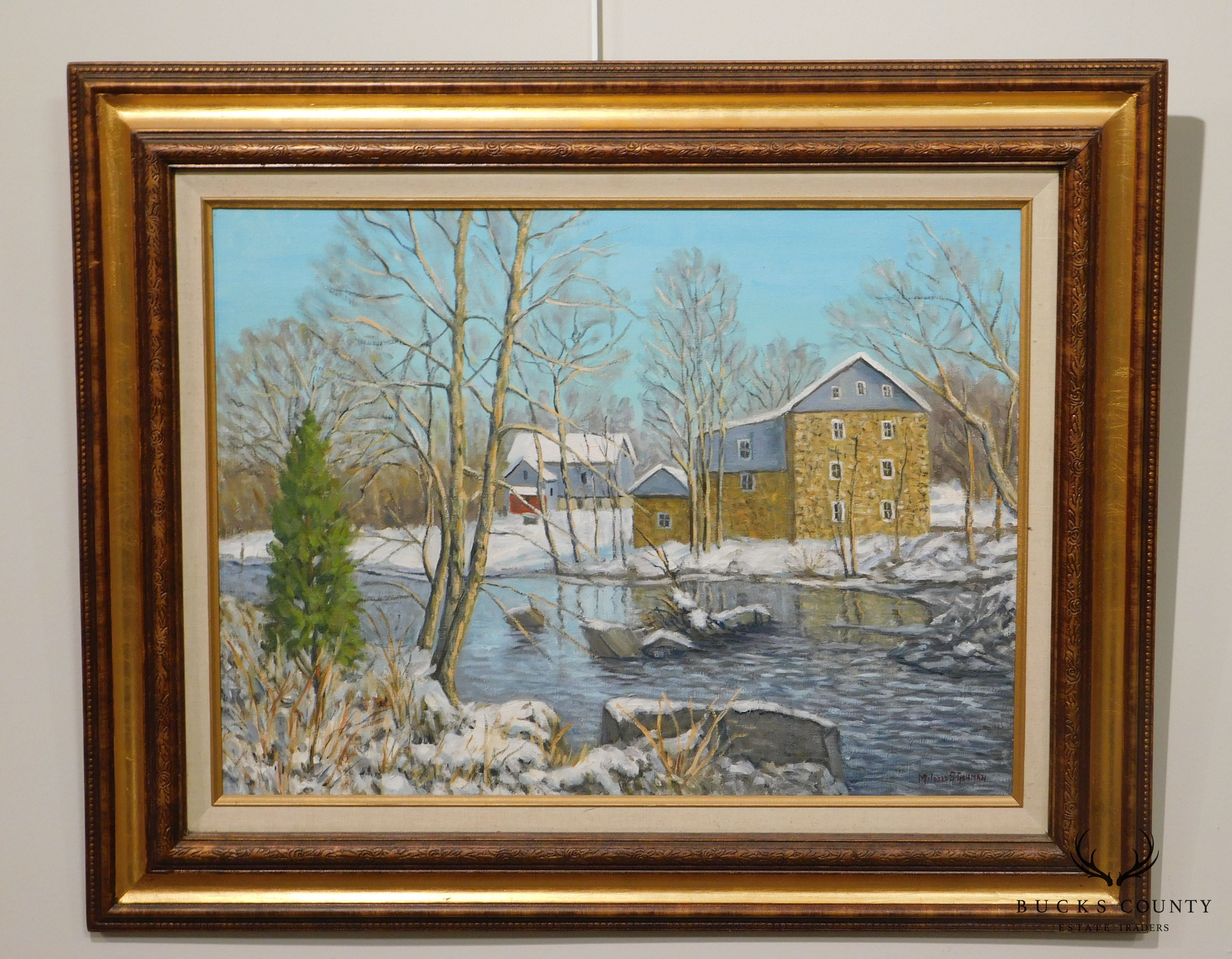 Mildred S. Gehman "Clymer's Mill" Thatcher P.A., Winter Snowy Stream Oil Painting