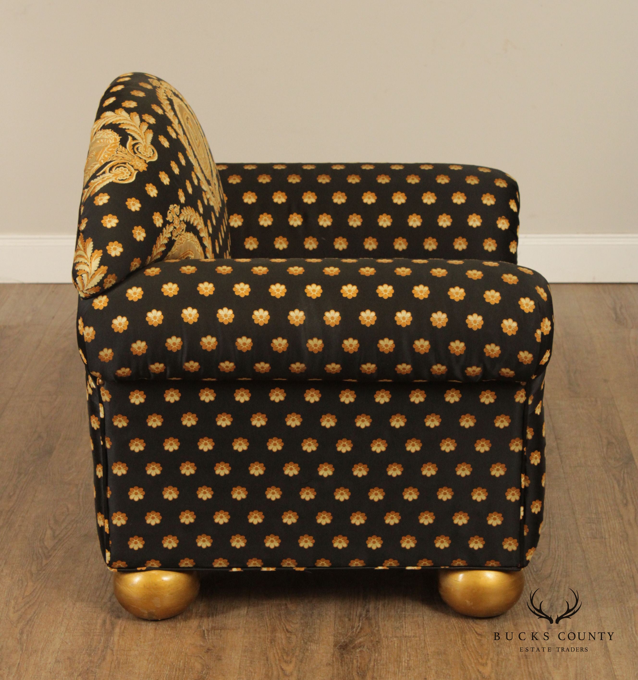 Pair of Custom Black and Gold Upholstered Club Chairs