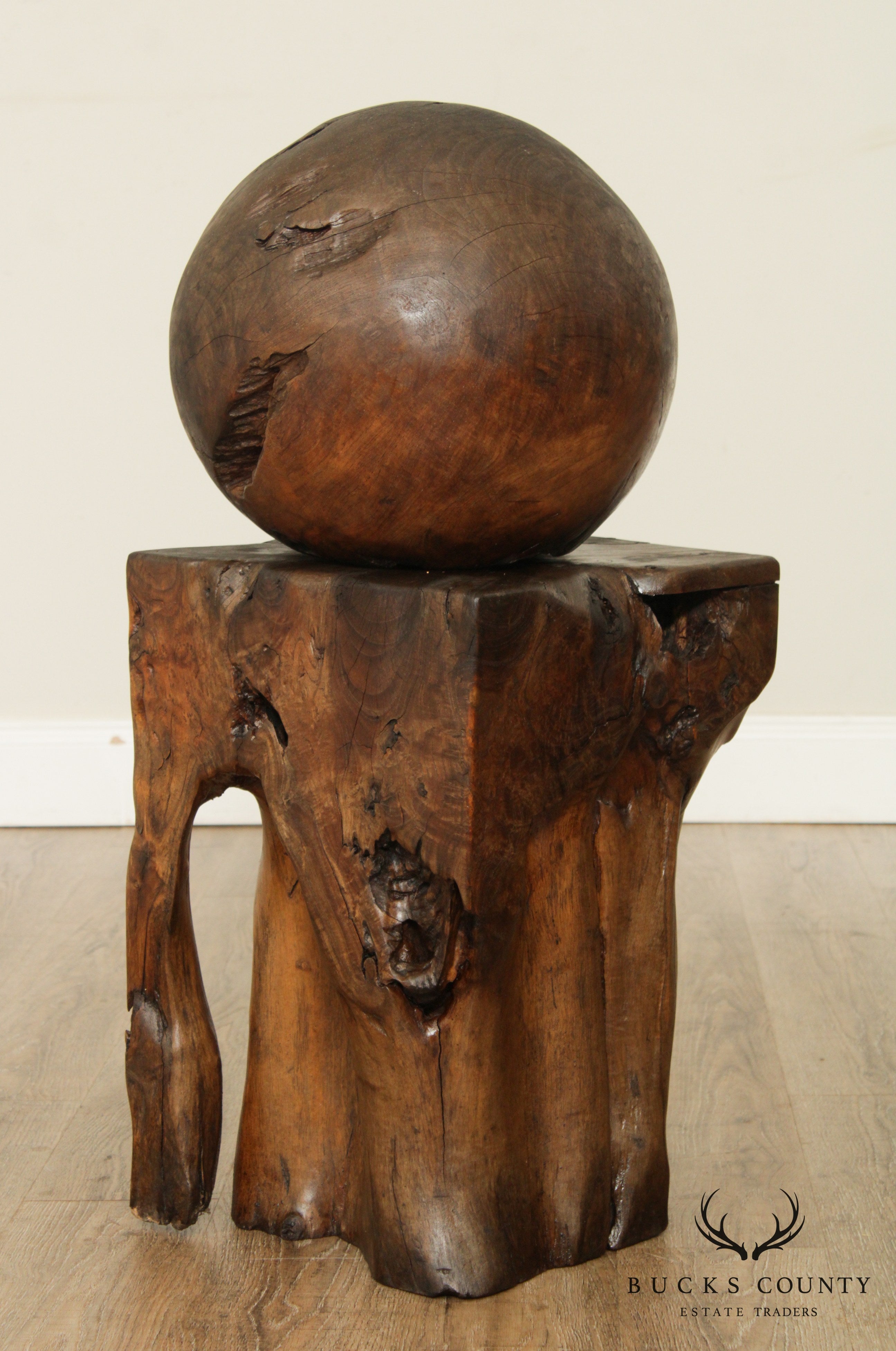 Mid Century Vintage Teak Wood Ball Sculpture on Root Pedestal