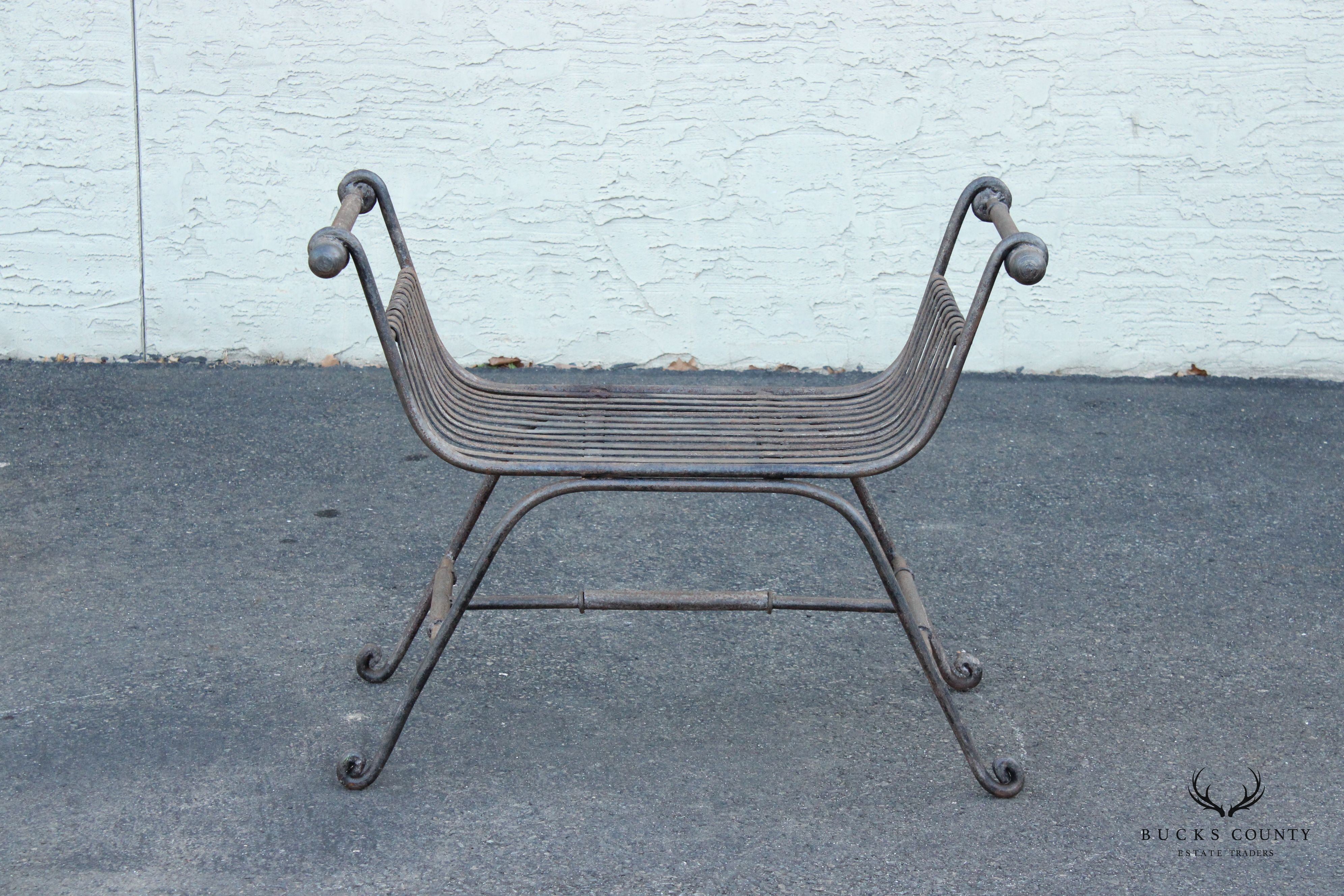 Vintage Wrought Iron Outdoor Patio Curule Bench