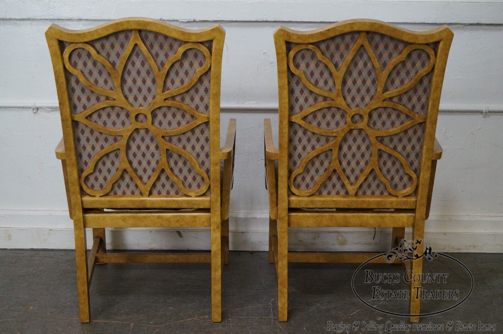 Erwin Lambeth Custom Pair of Faux Painted Chinese Chippendale Host Arm Chairs