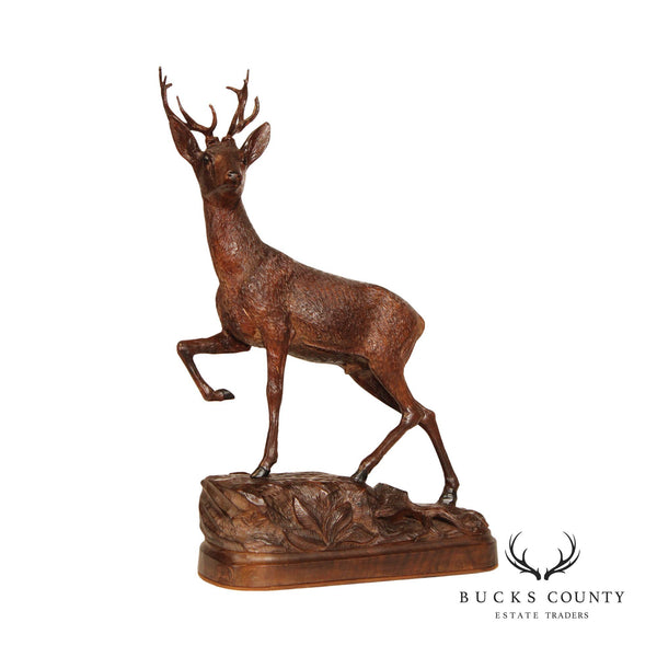 Antique Black Forest Hand Carved Stag Deer Statue