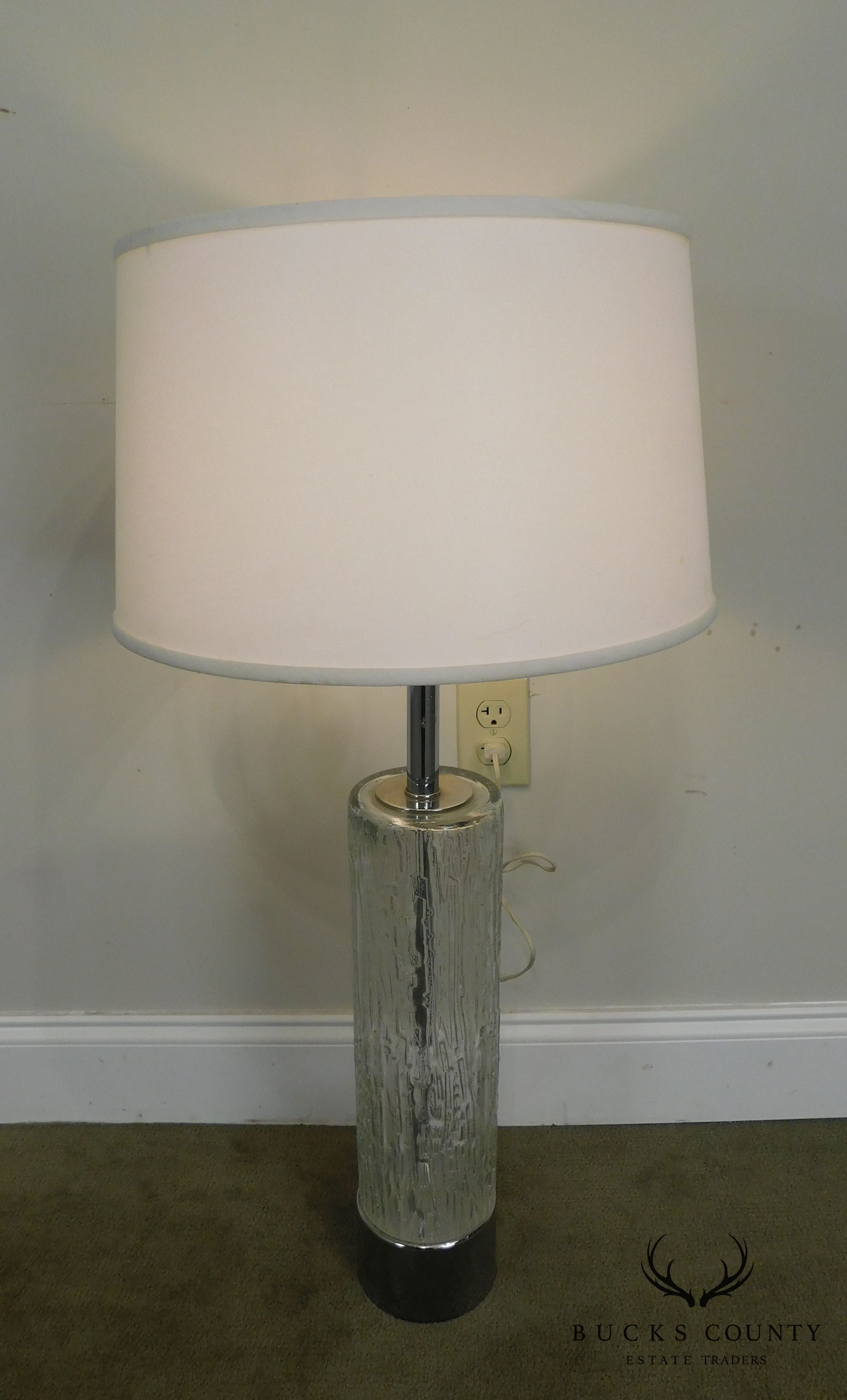 Mid Century Modern Pair of Chrome & Patterned Glass Column Lamps - 1970's