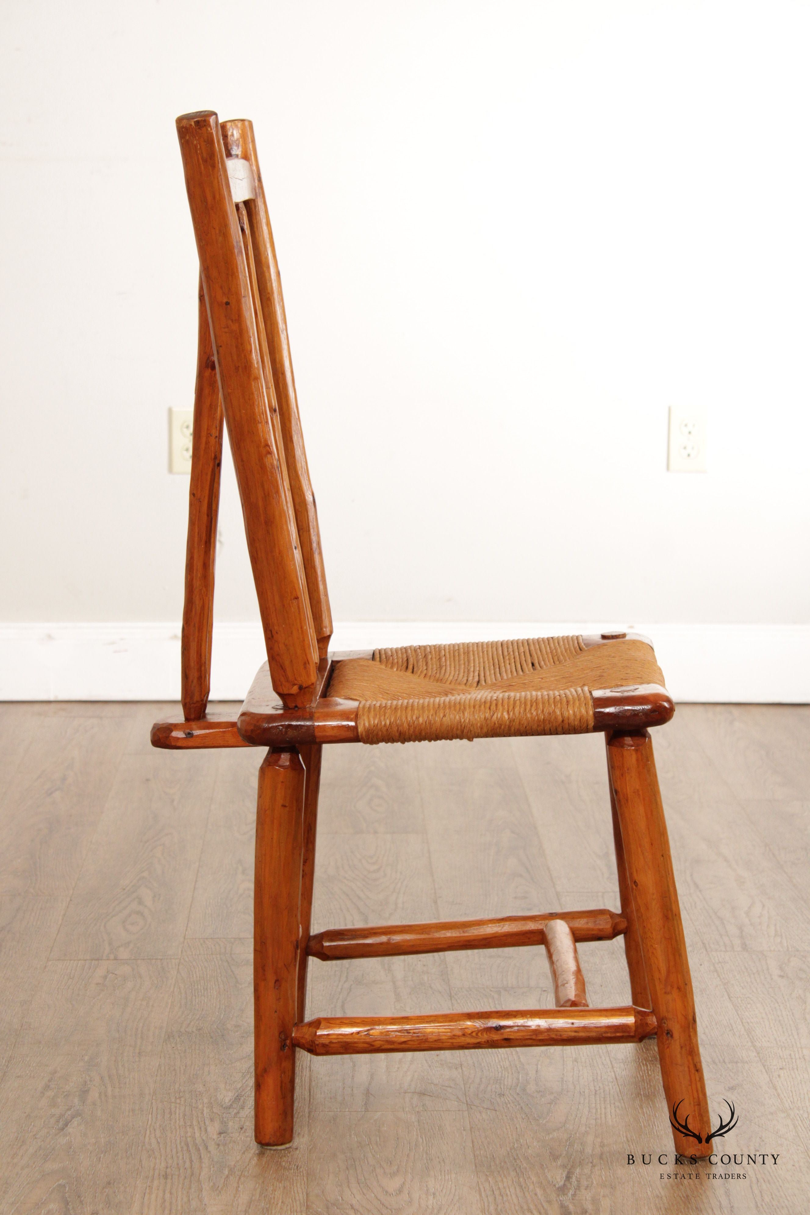 Vintage Rustic Pine Wood and Rush Seat Side Chairs