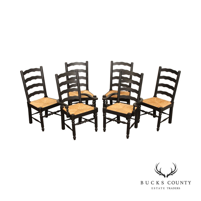 BROYHILL 'ATTIC HEIRLOOMS'  SET OF 6 RUSH SEAT BLACK PAINTED LADDERBACK DINING CHAIRS