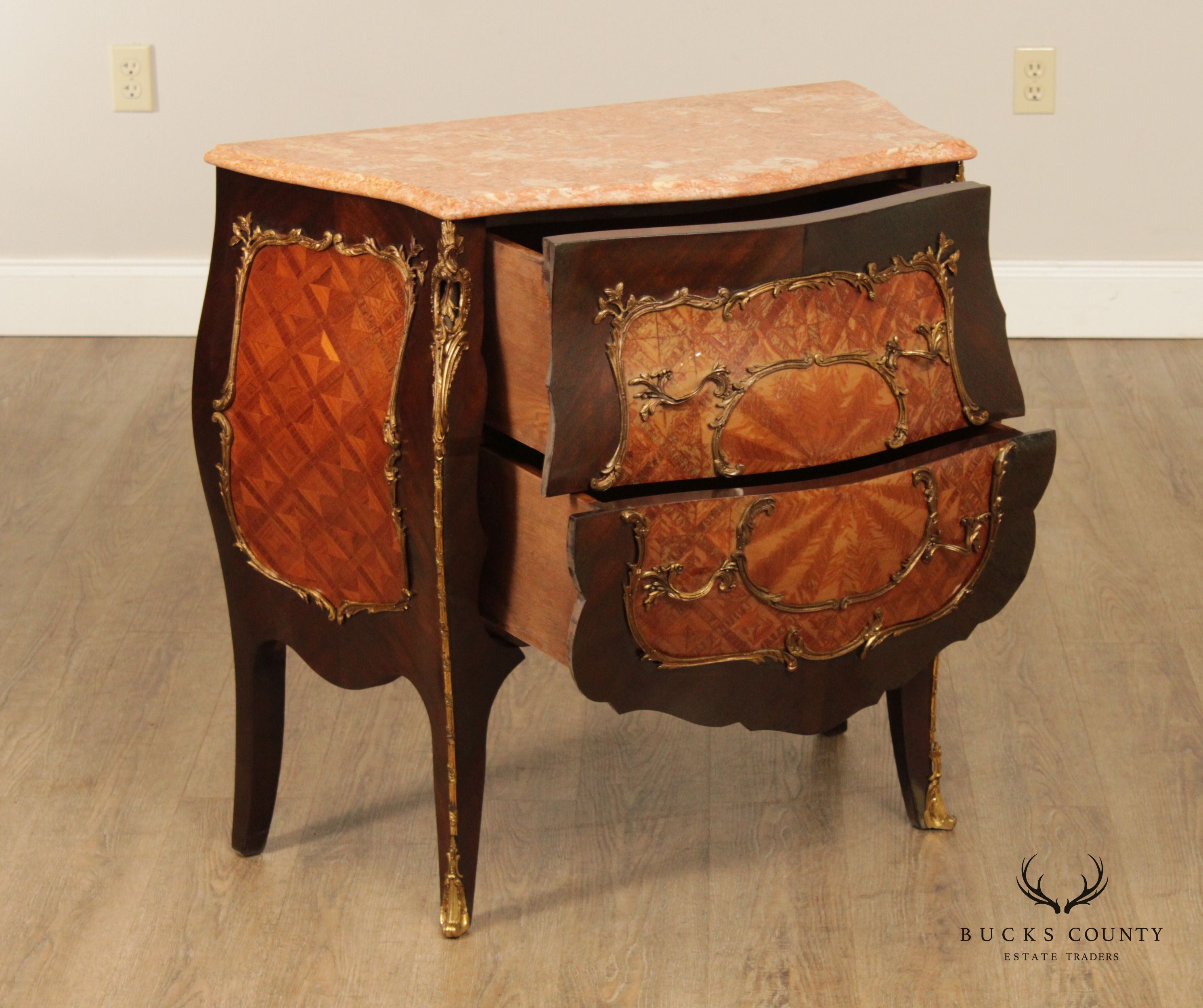 French Louis XV Style Bombe Marble Top Commode