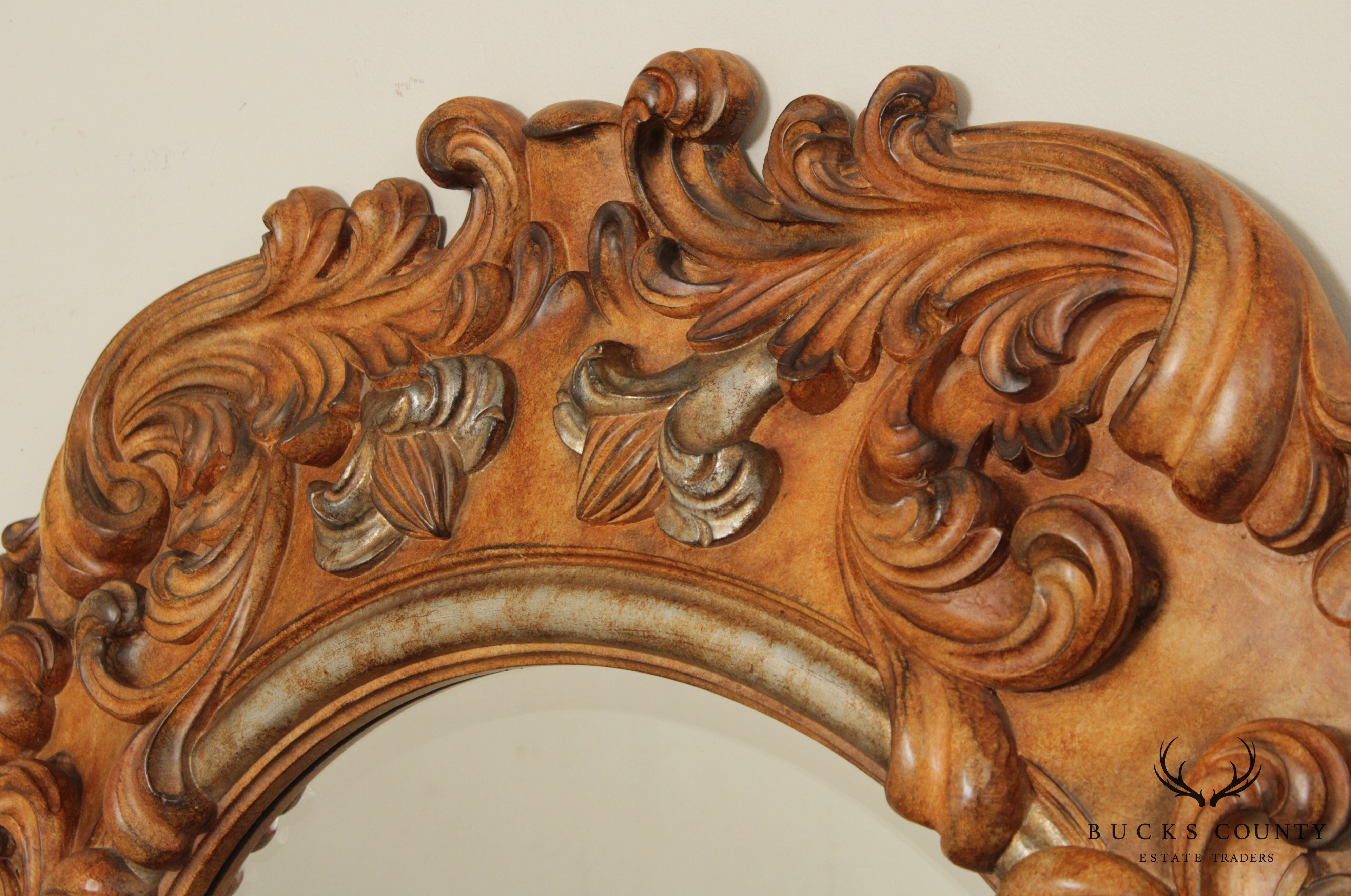 Italian Rococo Style Ornate Carved Round Wall Mirror