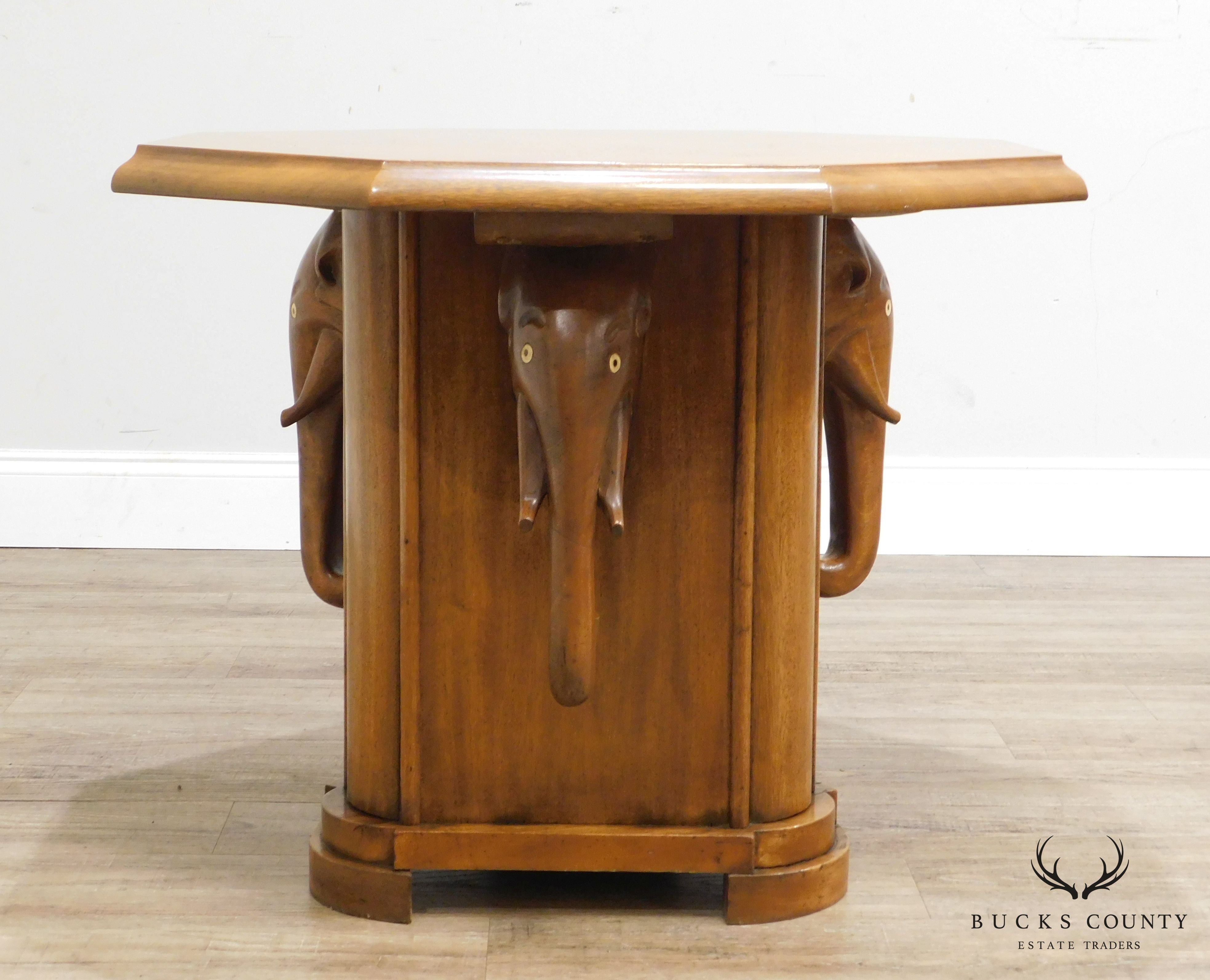 Vintage Nigerian Mahogany Octagon Top Elephant Base Side Table